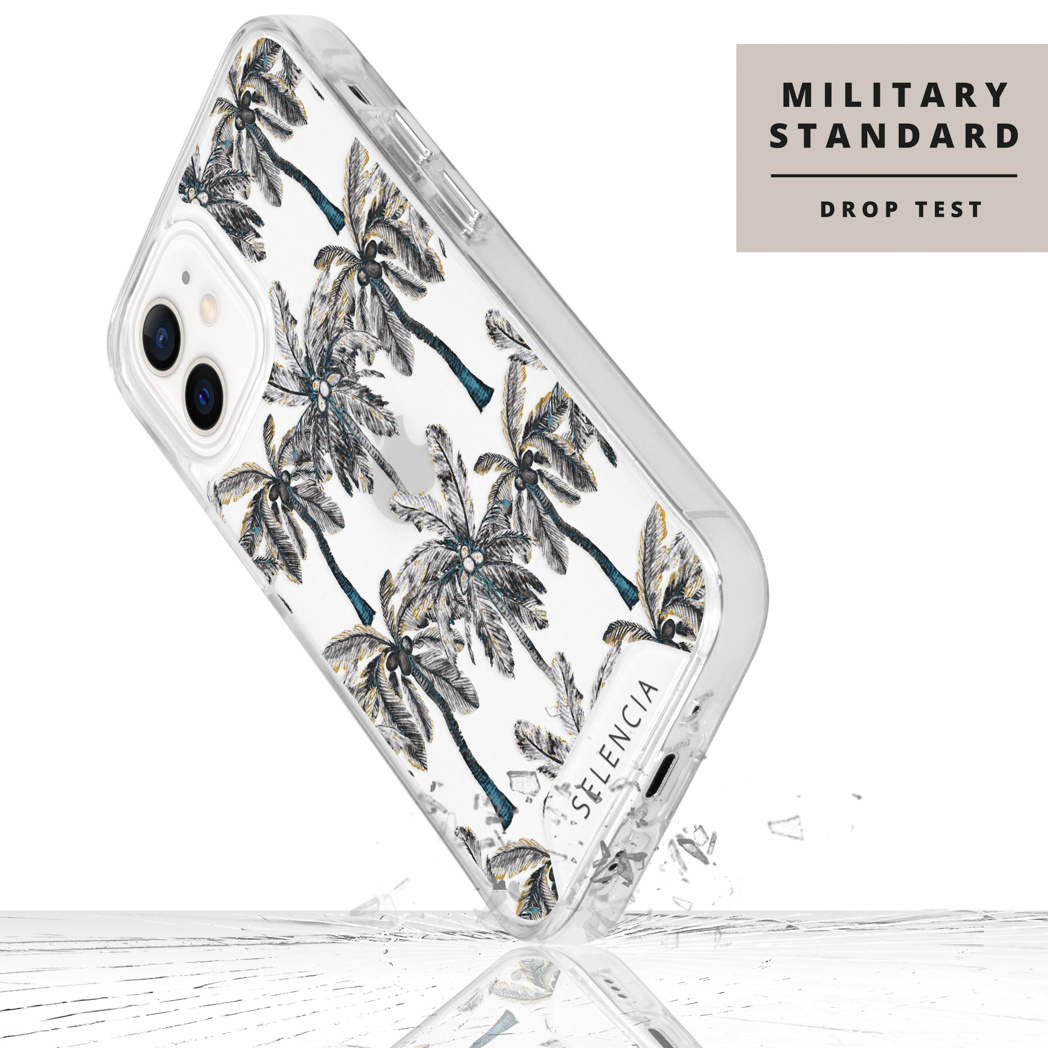 Une coque de téléphone avec un motif de palmier, tombant, avec un graphique de test de chute.