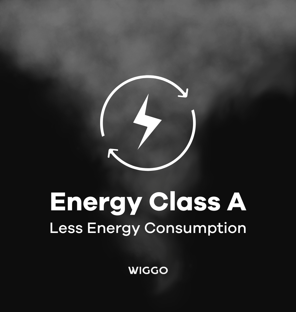 Logo Classe Énergétique A avec icône d'éclair et fond sombre et fumé. Moins de consommation.