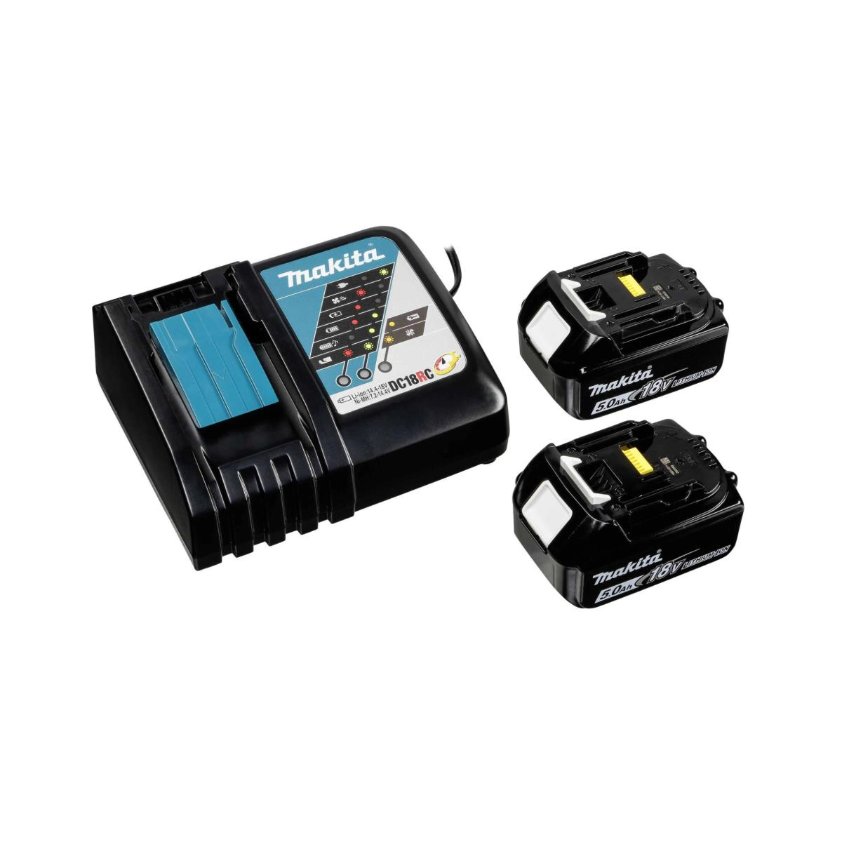 Cargador Makita con dos baterías, negro con detalles azules y blancos.
