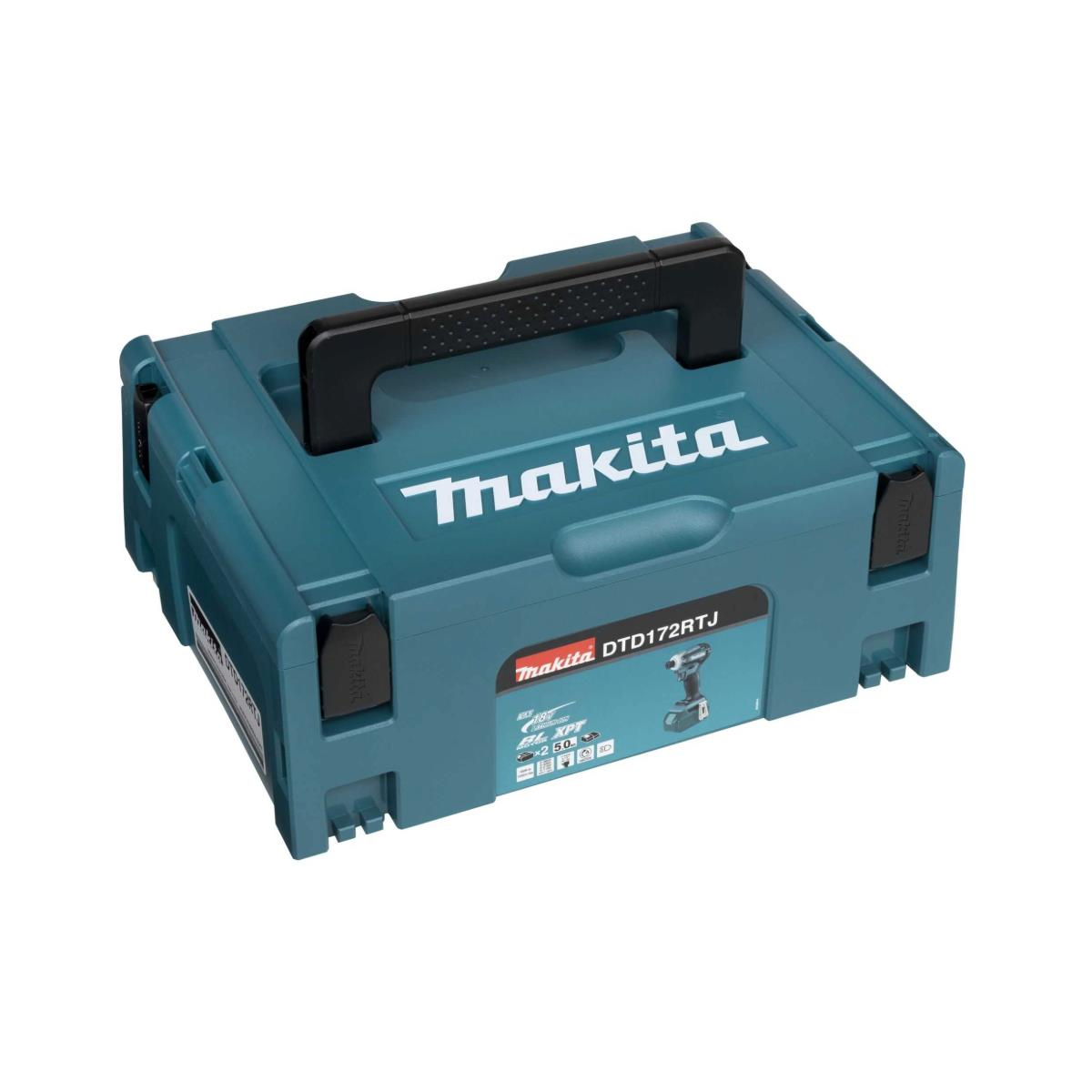 Una caja de herramientas Makita color turquesa con asa negra y el nombre de la marca en blanco.