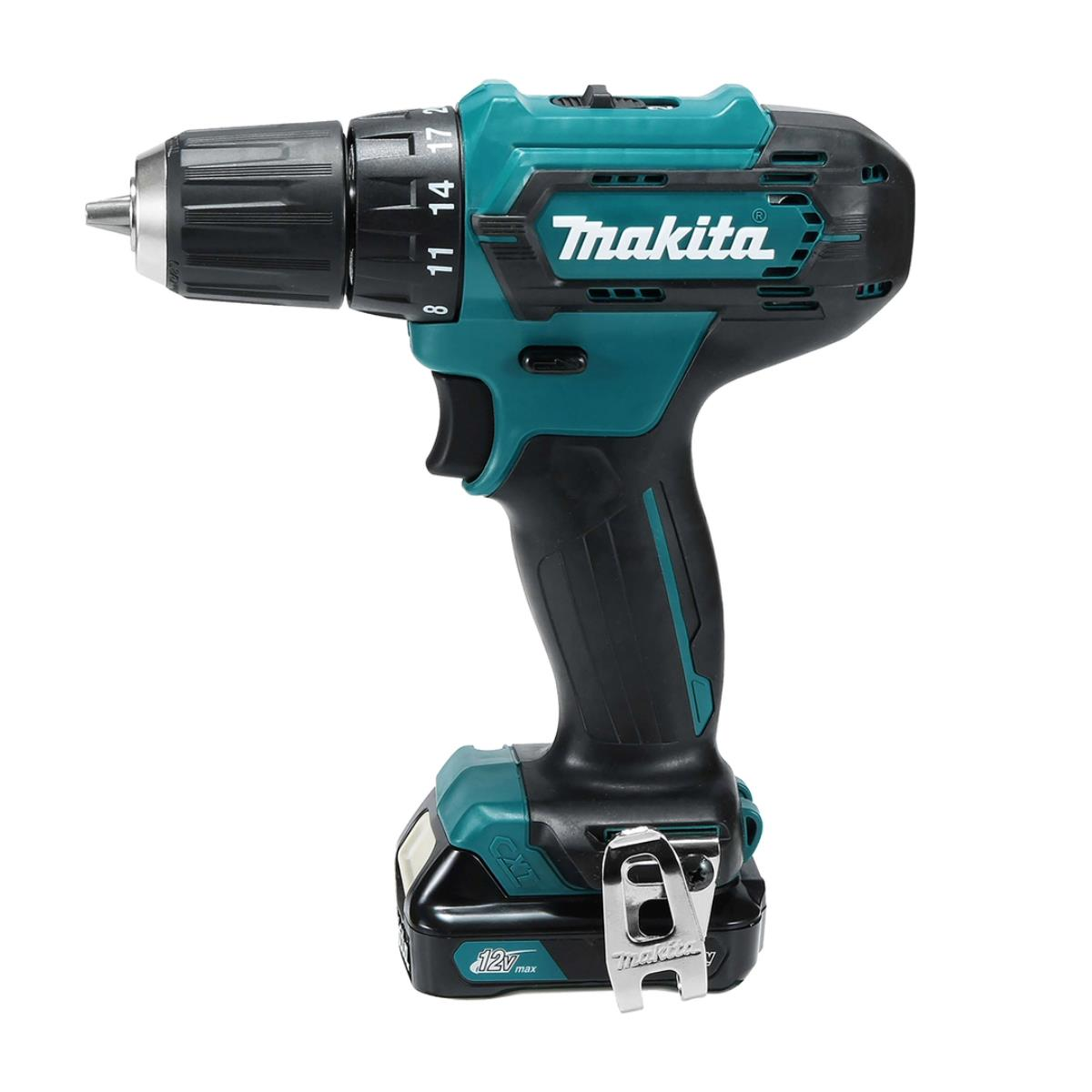 Czarno-turkusowa wiertarko-wkrętarka akumulatorowa Makita na białym tle.