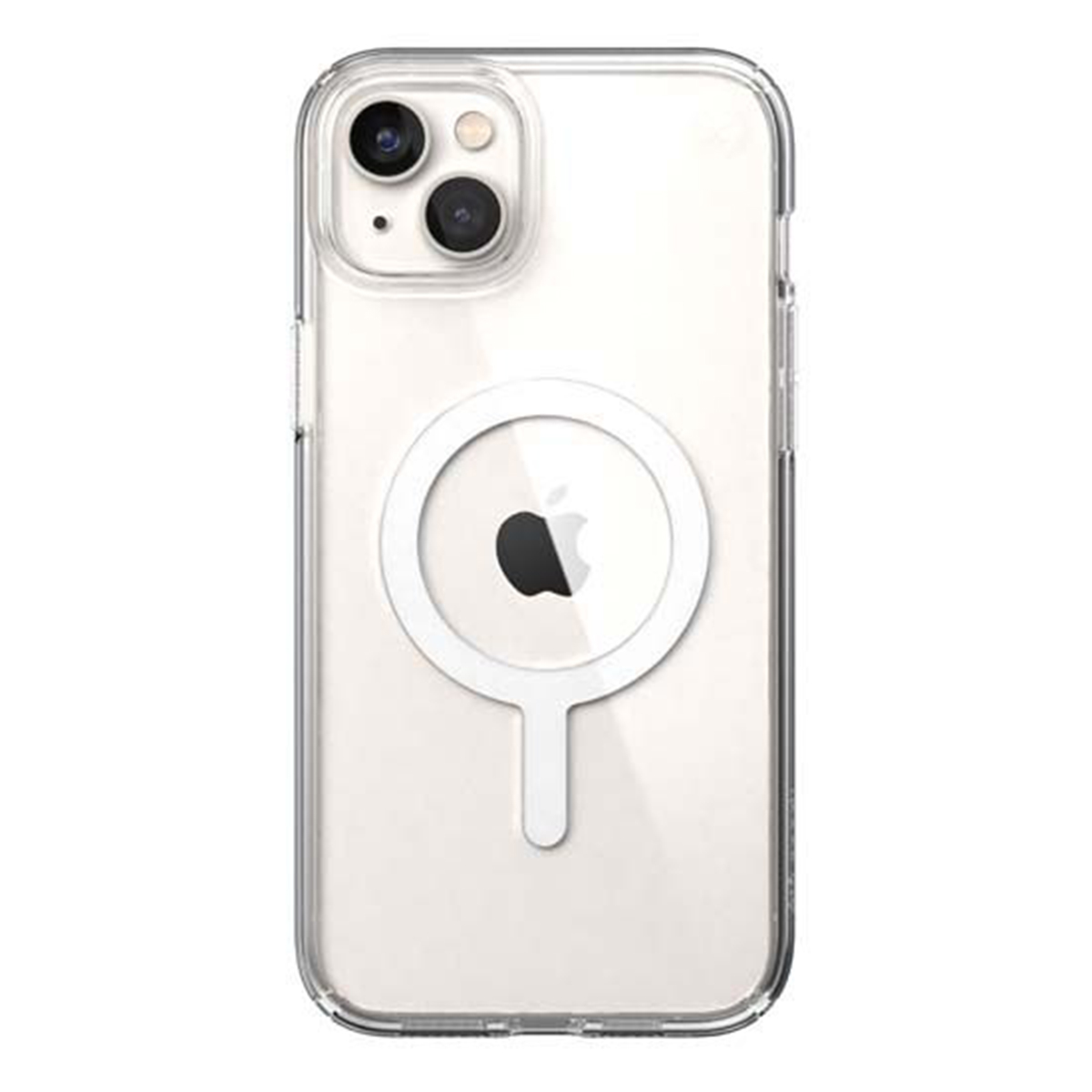 Custodia trasparente per telefono con anello bianco e logo Apple.