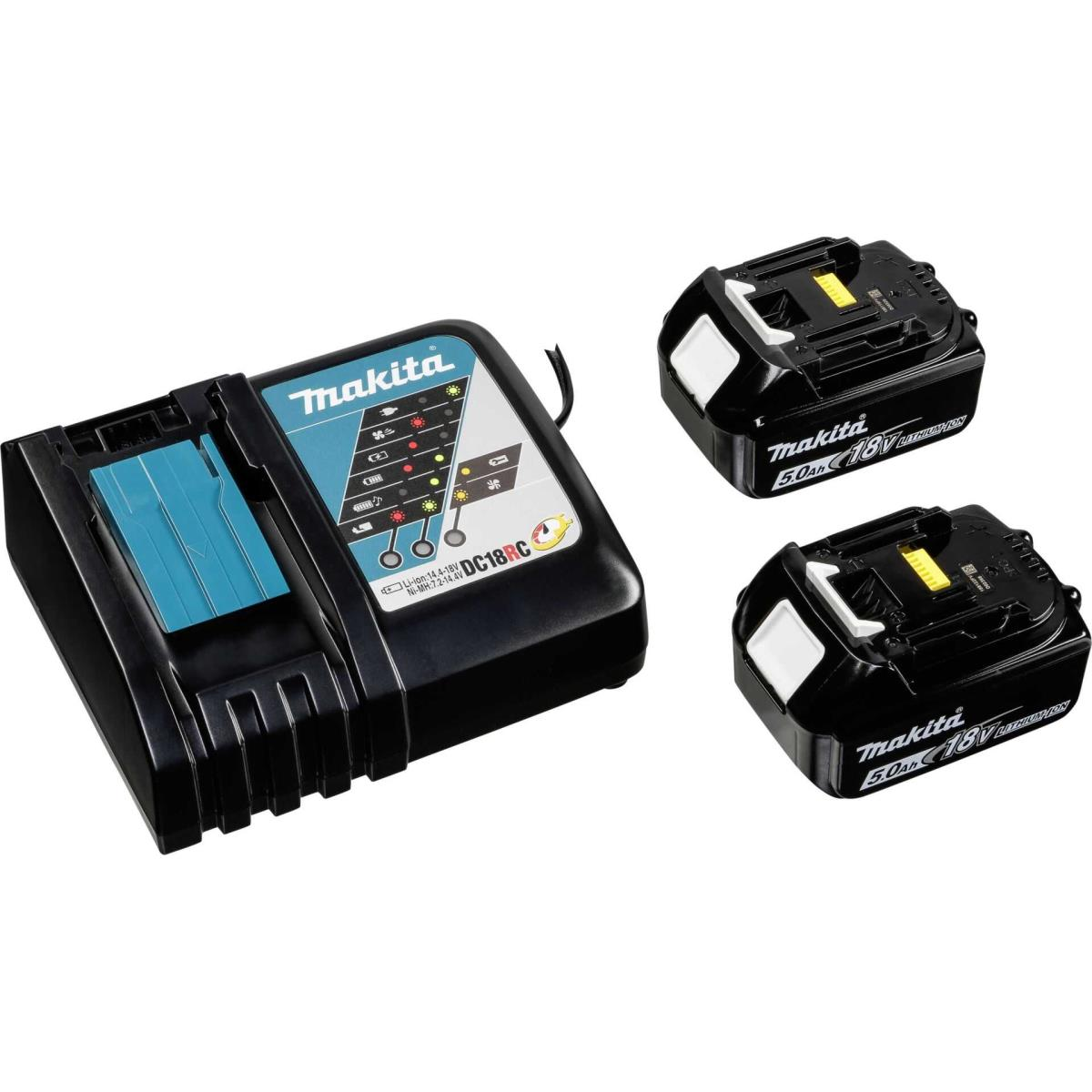 Caricabatterie Makita e due batterie, nero e turchese. Sfondo bianco.