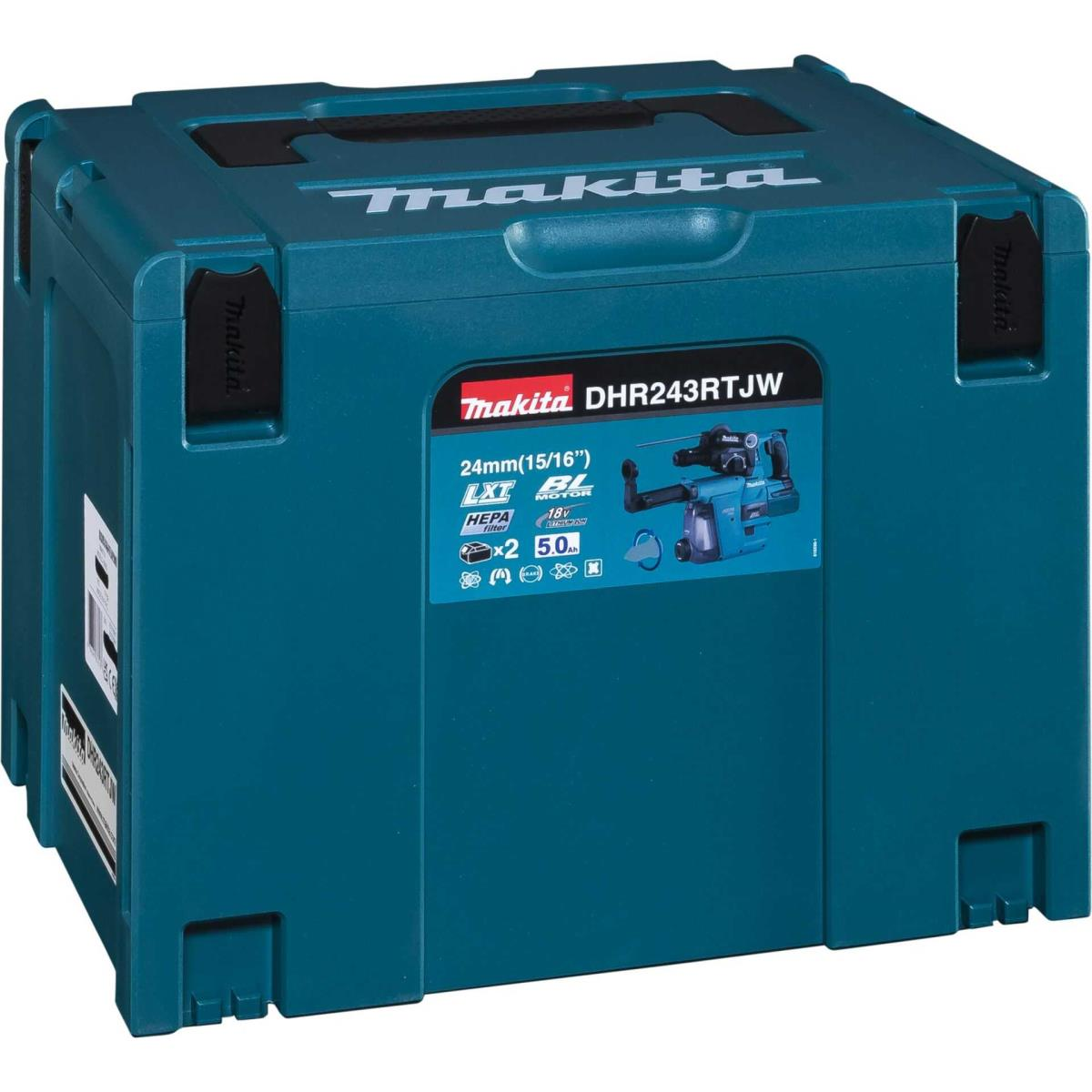 Valigetta portautensili Makita turchese con coperchio nero e testo bianco.