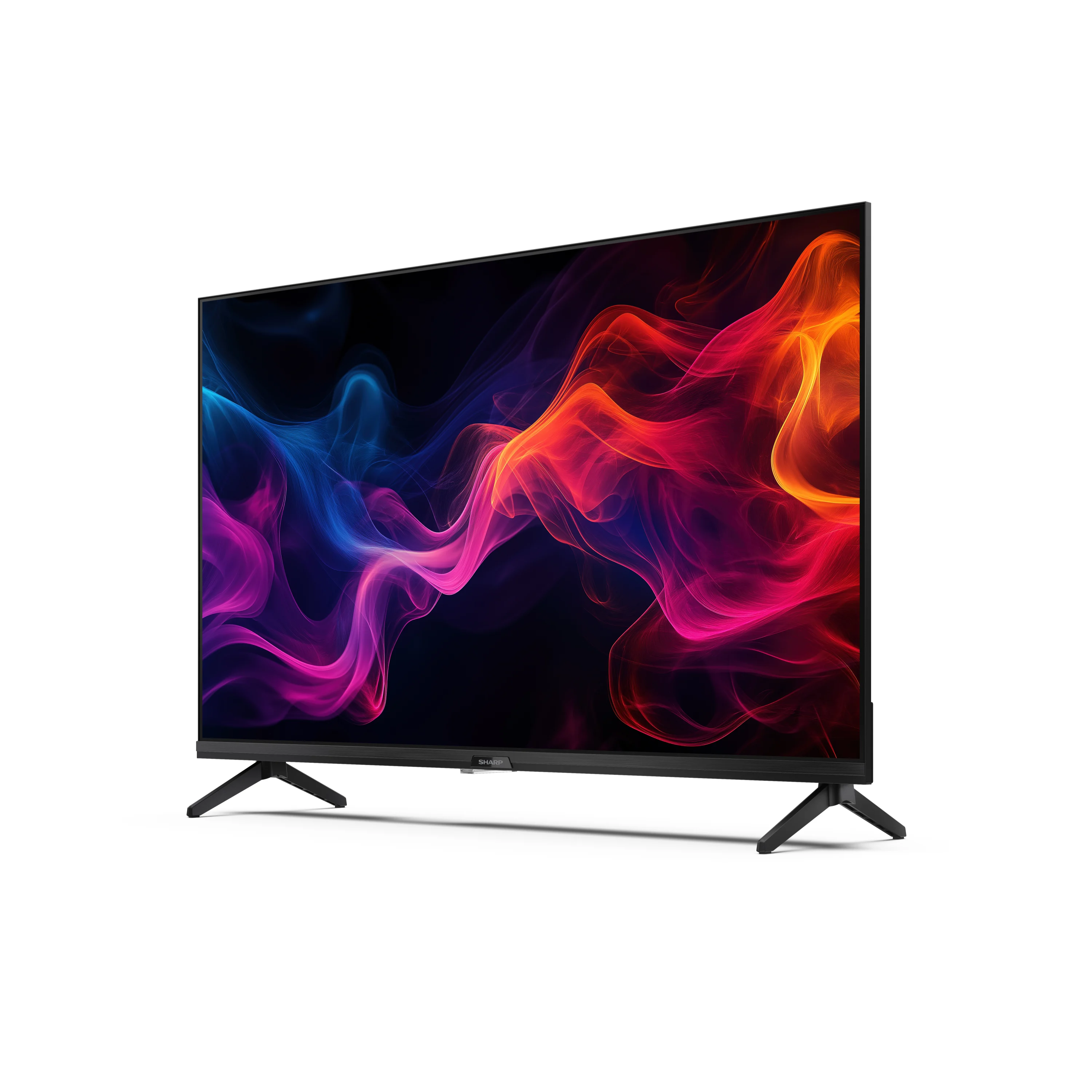 Una TV moderna con un display astratto colorato. La TV è nera e ha un design elegante.