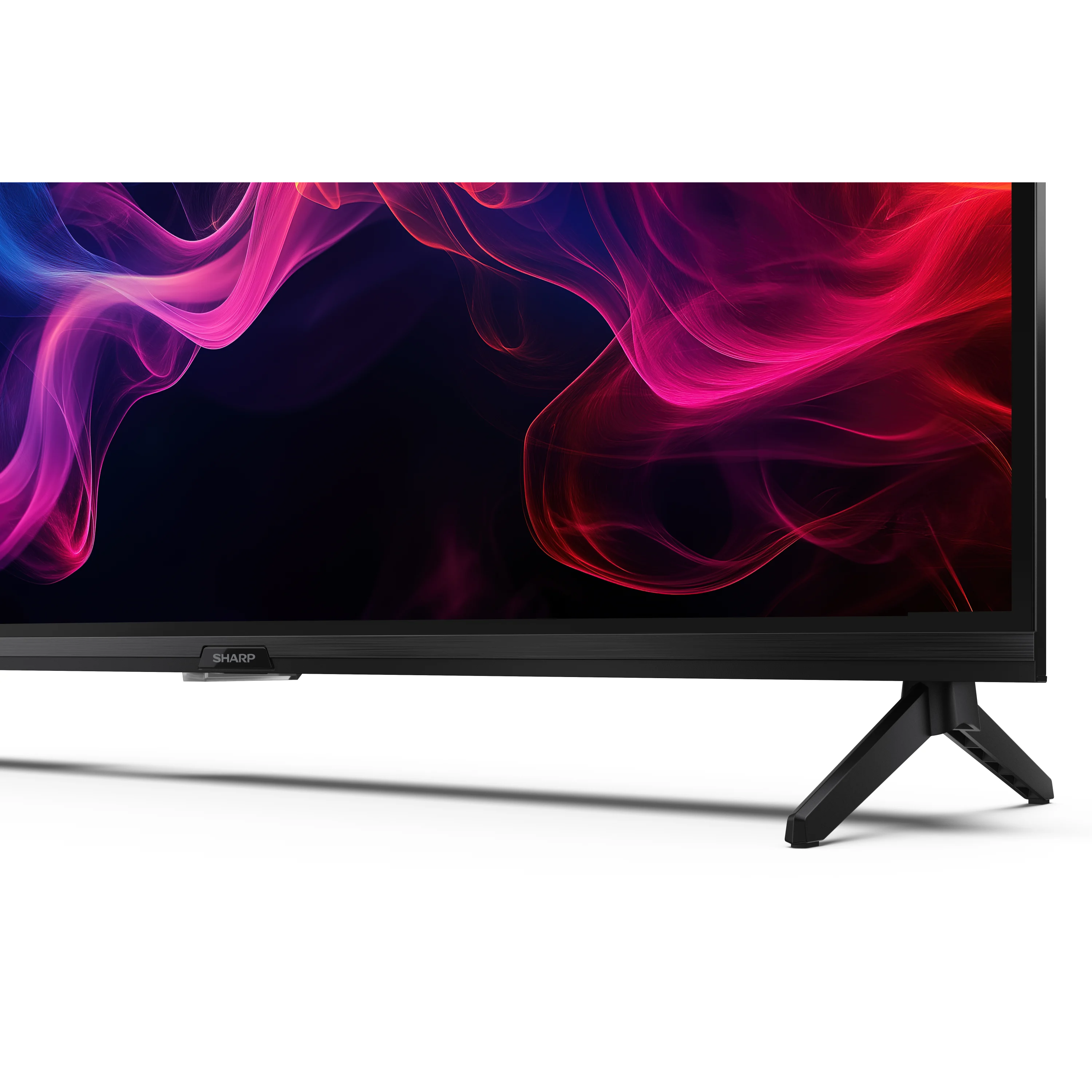 TV nero. Un display colorato con sfumature rosse, viola e blu. Un supporto nero sostiene lo schermo.
