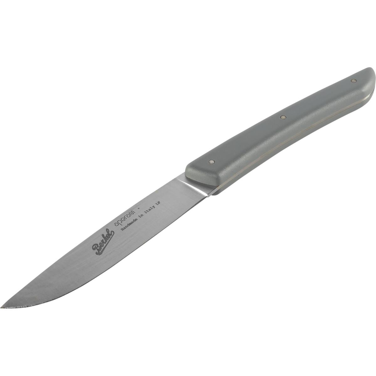 Berkel knife with a gray handle and a silver blade.  'Handmade in Italy' is inscribed.