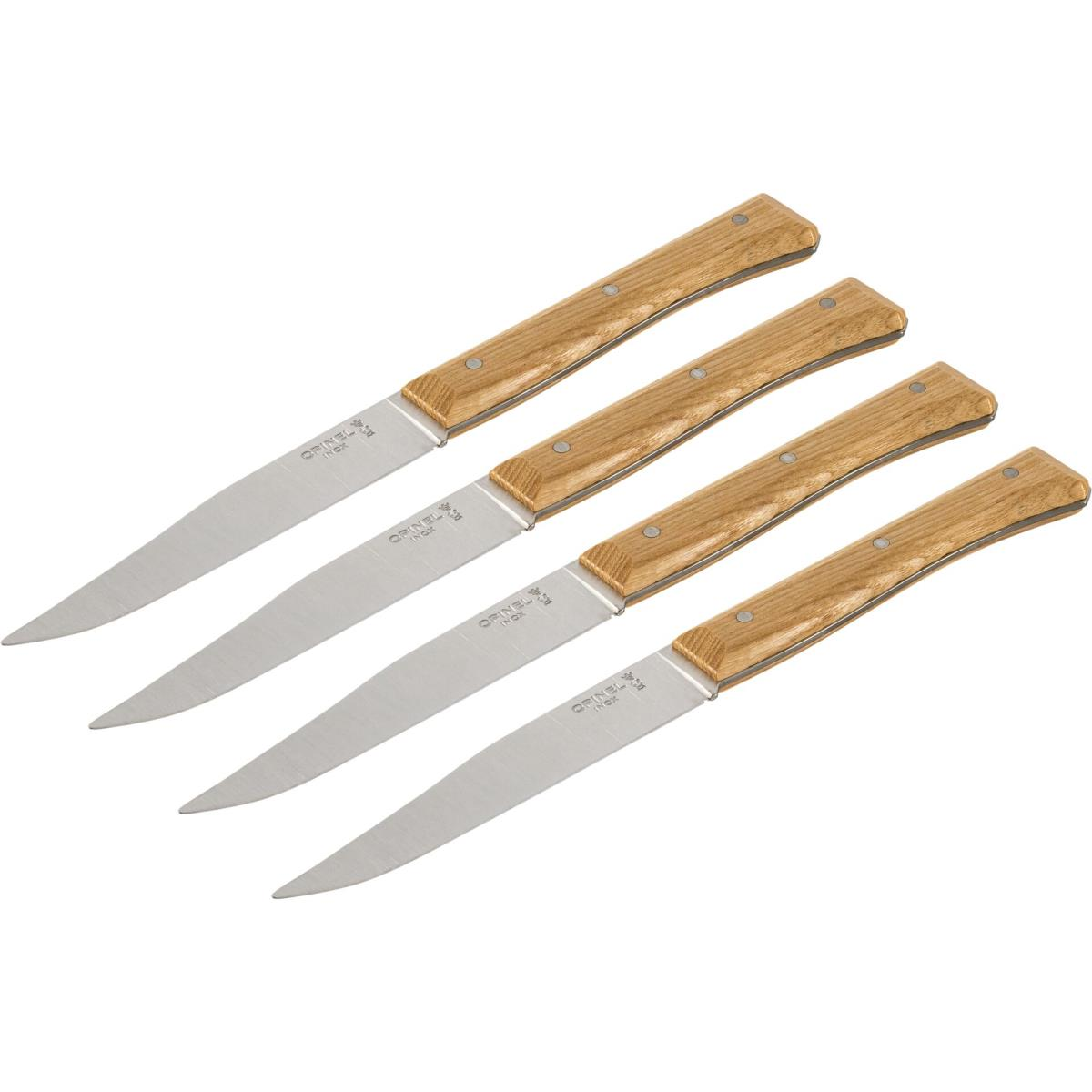 Vier Opinel-Tafelmesser mit Holzgriffen, silberne Klingen.