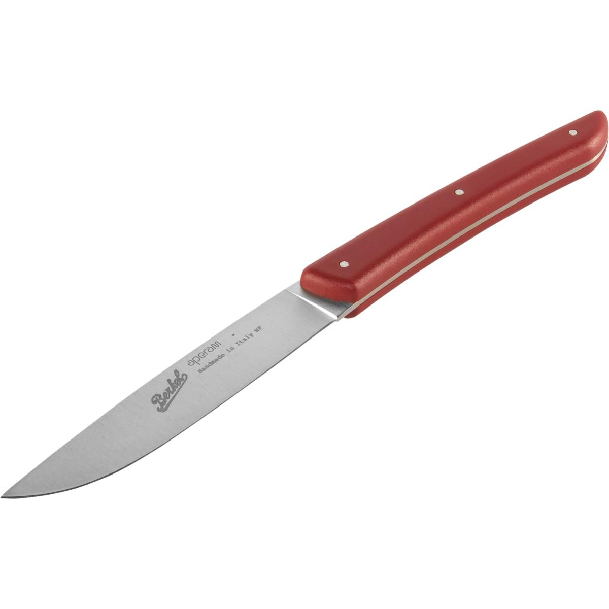 A red-handled kitchen knife with a silver blade, lying on a white surface.