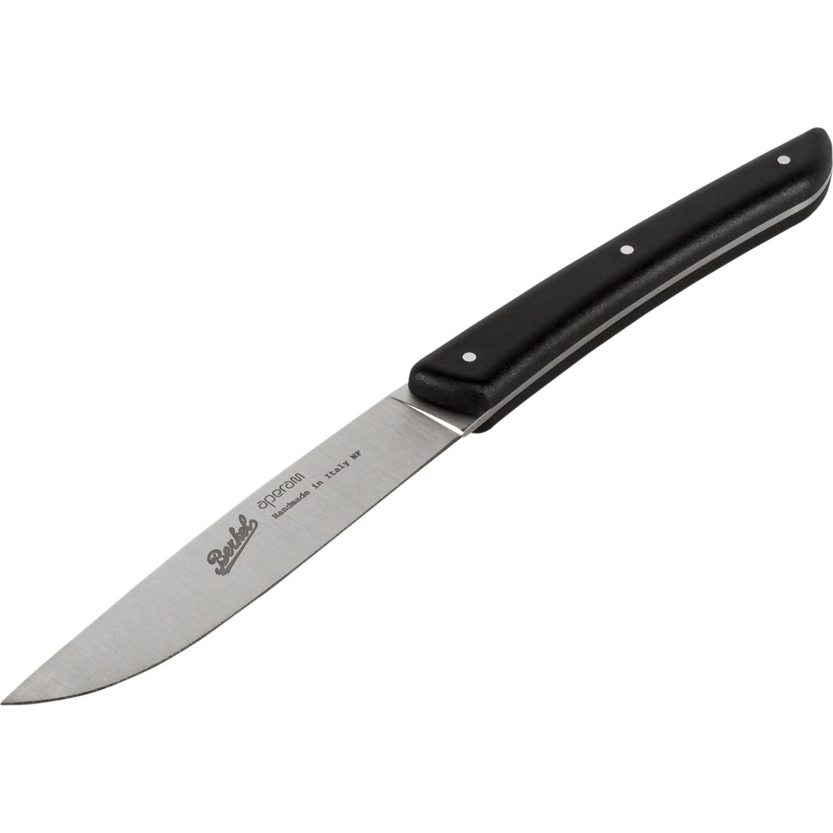 A black-handled knife with a silver blade, the word 'Berkel' is on the blade.