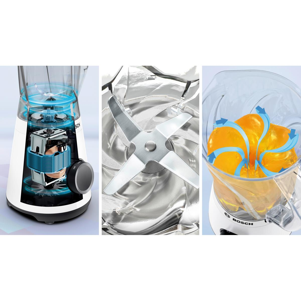 Części blendera: silnik, ostrza i zawartość. Niebieskie akcenty i ciecz na białym tle.
