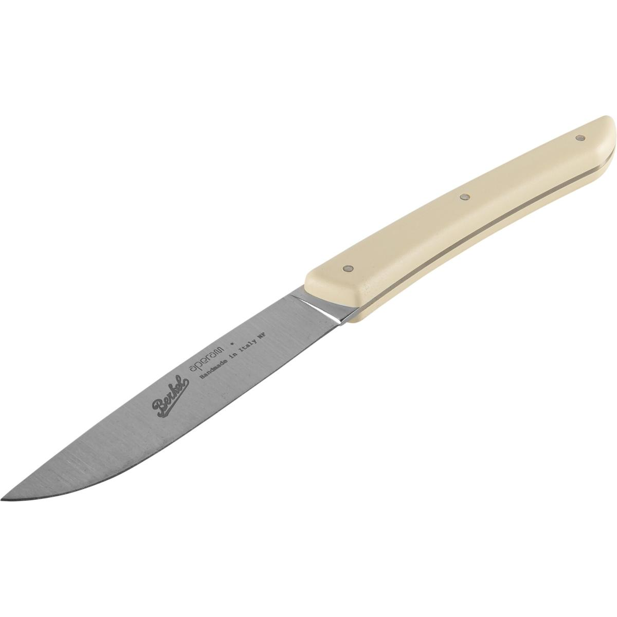 Nóż z białym uchwytem i srebrnym ostrzem, spoczywający na białej powierzchni.