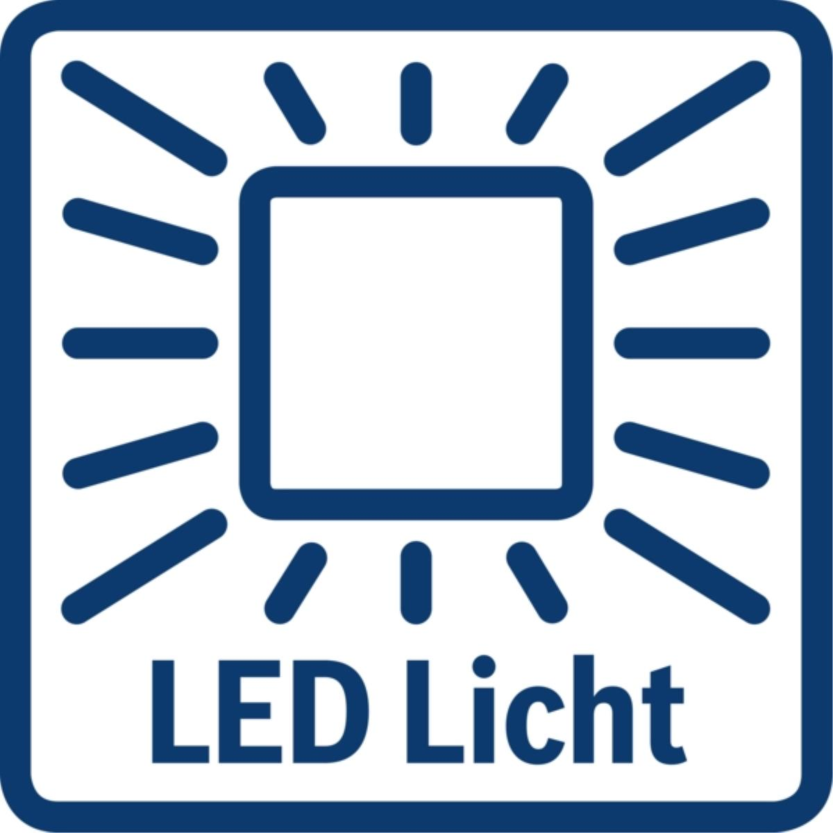 Ein blaues Quadrat mit radialen Linien. Die Worte LED Licht sind auf Deutsch unter dem Quadrat geschrieben.
