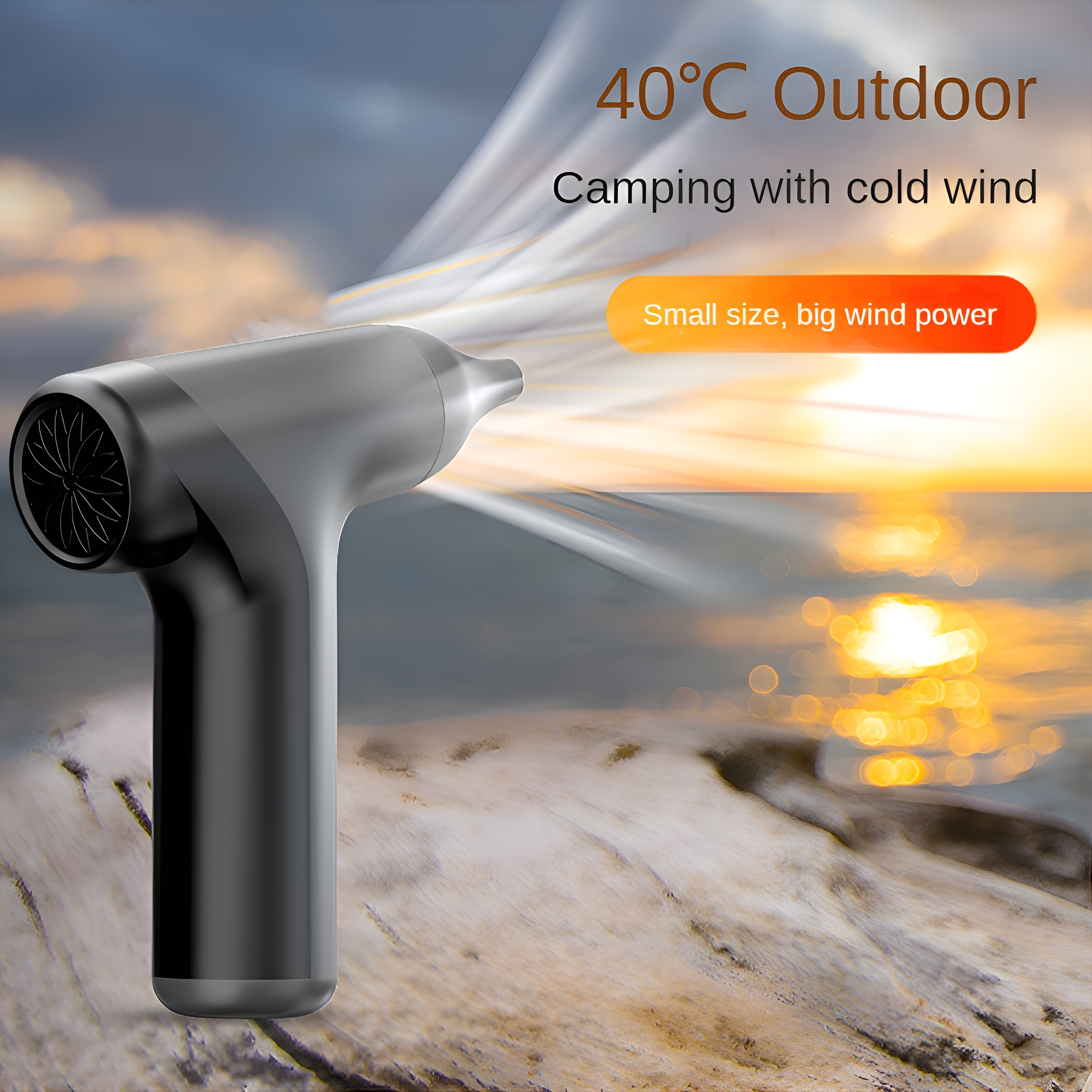 Schwarzer tragbarer Ventilator auf Holz mit Text: 40°C Outdoor, Camping mit kaltem Wind, kleine Größe, große Windkraft.