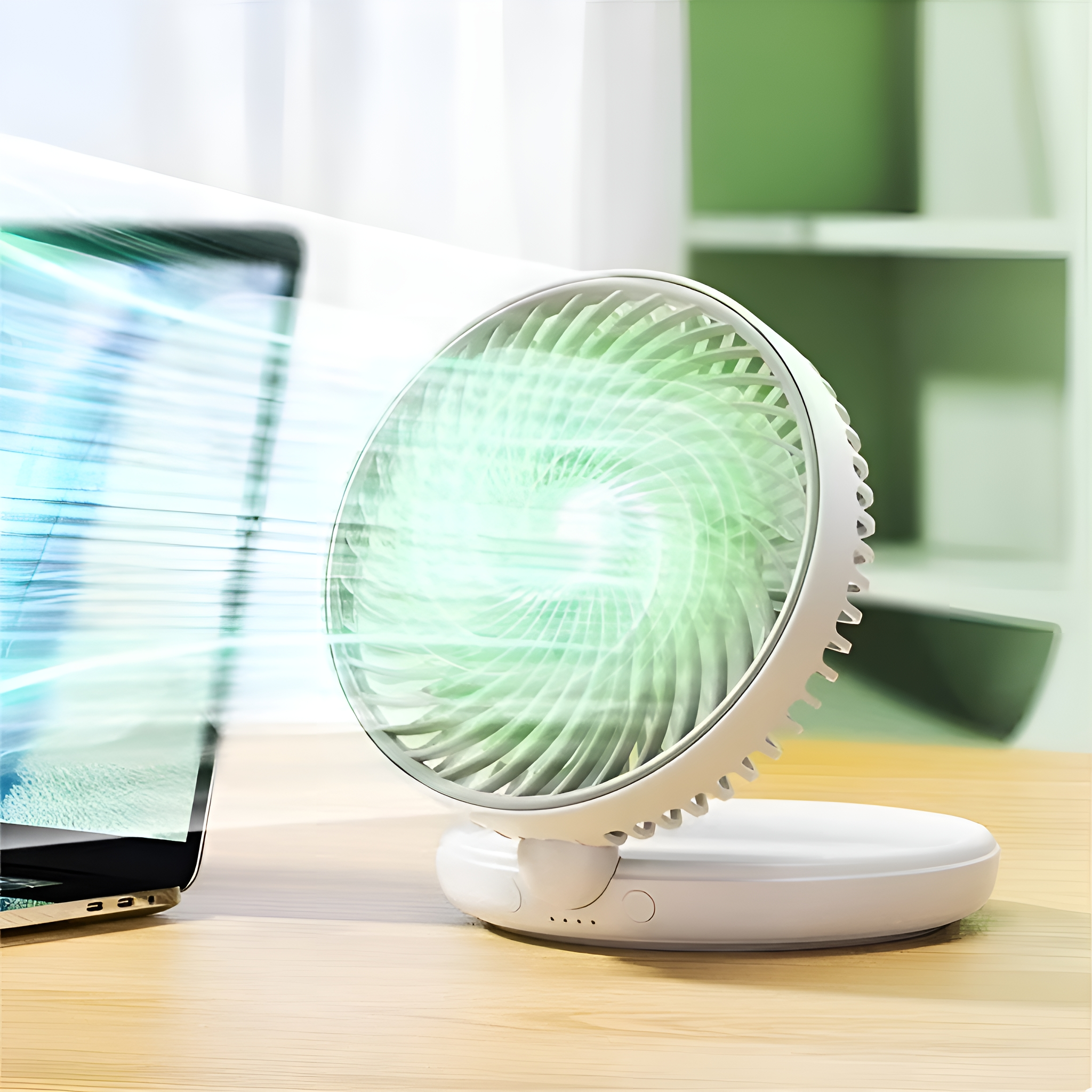 Ein weißer Ventilator steht auf einer Holzoberfläche. Der Ventilator hat ein grünes Licht.