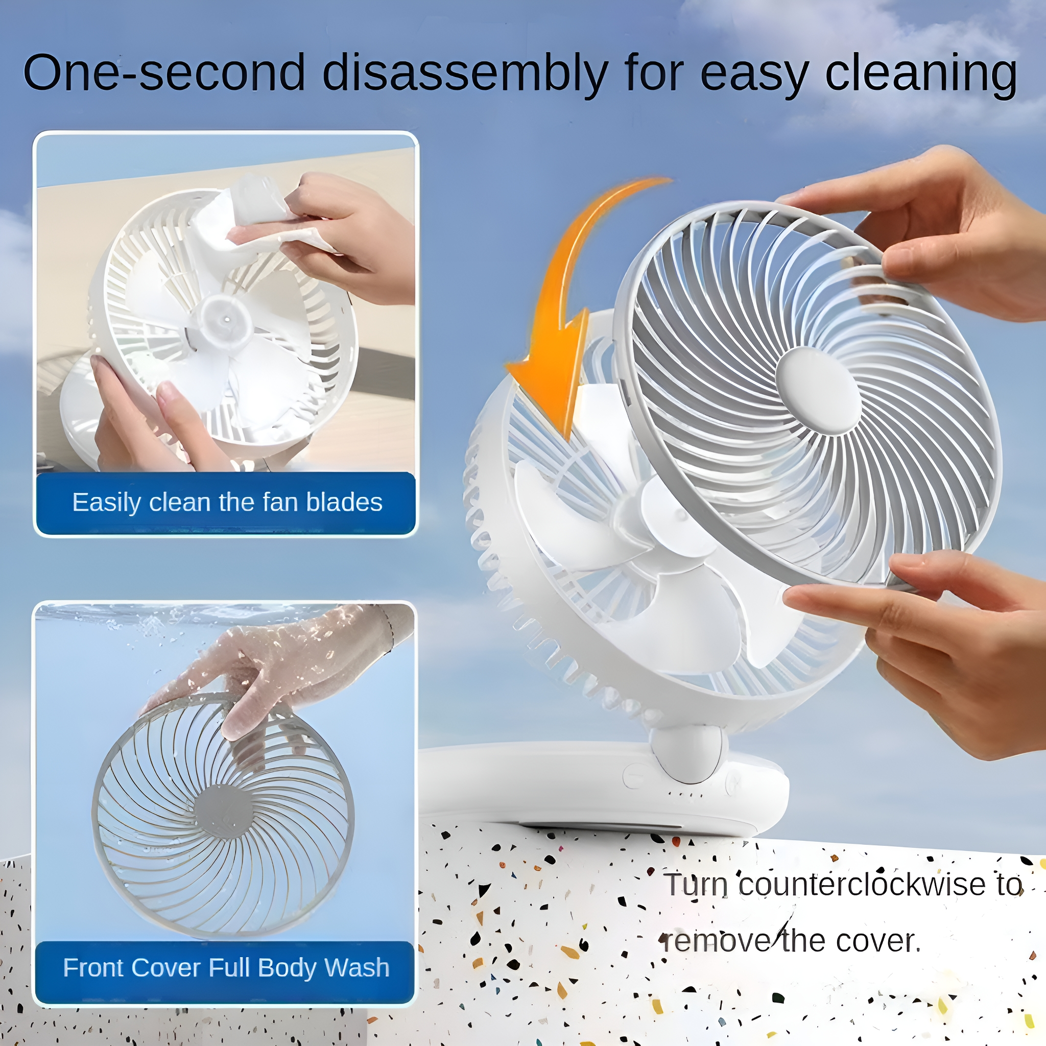 Anweisungen zum Reinigen eines weißen Ventilators. In mehreren Schritten gezeigt.
