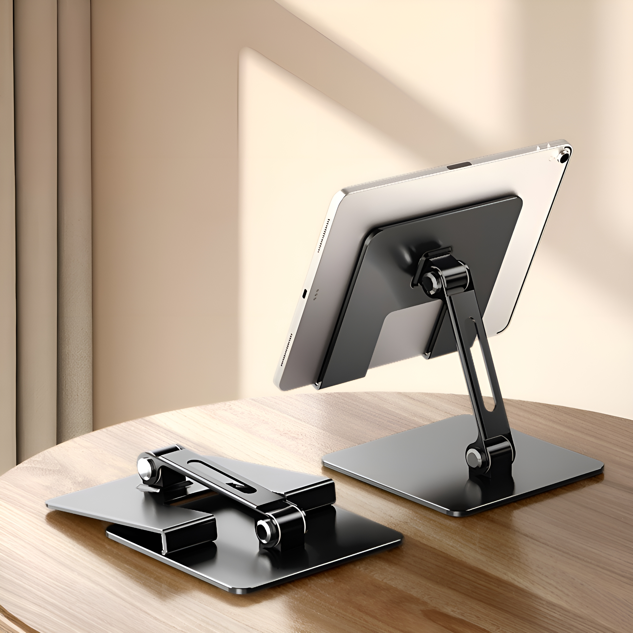 Tabletständer auf einem Holztisch. Der Ständer ist schwarz und stützt ein Tablet. Ein anderer Ständer ist zusammengeklappt.