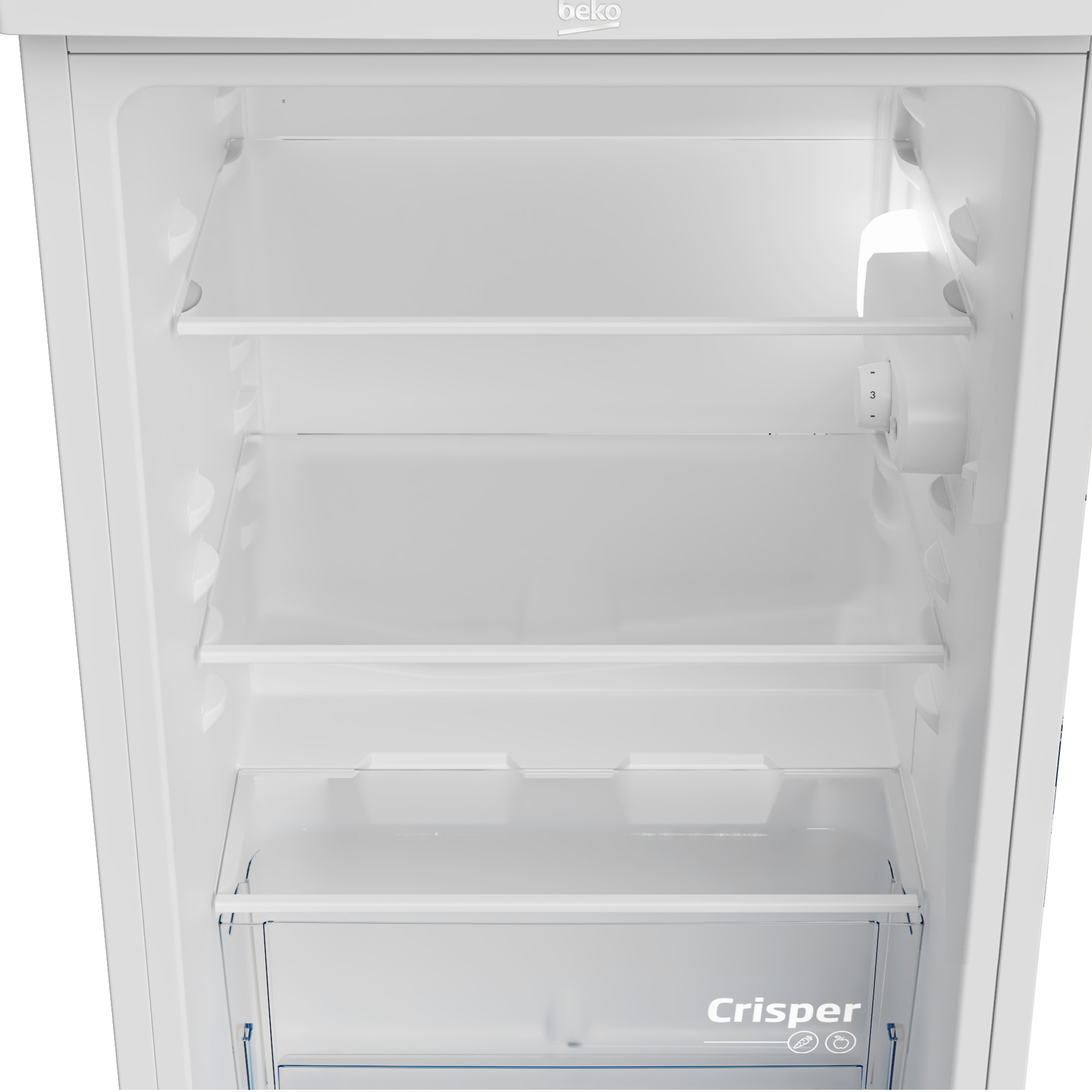 Interno di un frigorifero bianco con ripiani e un cassetto per la verdura.