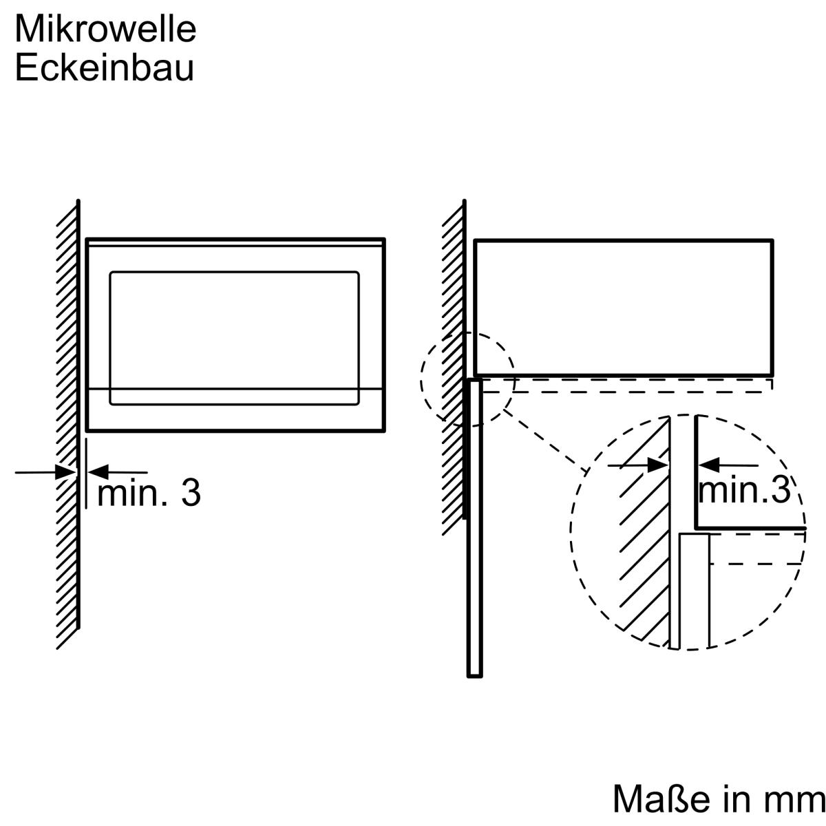 Schemat instalacji kuchenki mikrofalowej. Pokazuje widok z boku z wymiarami do wbudowania w ścianę.