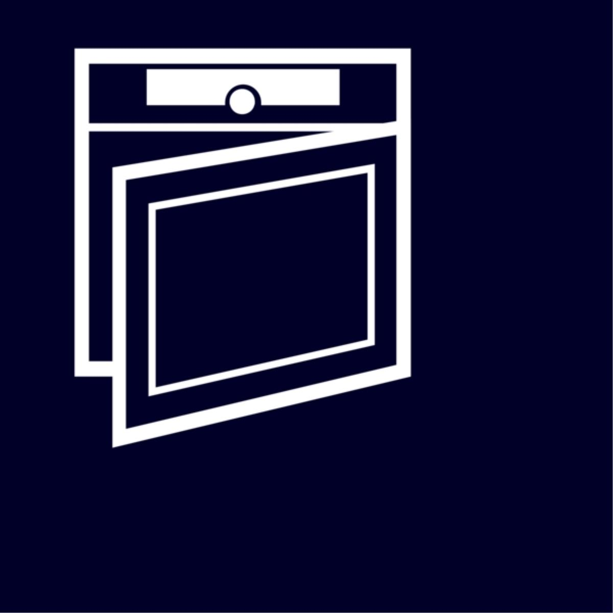 Biały piekarnik, uchylone drzwi na ciemnoniebieskim tle, prosta ilustracja.