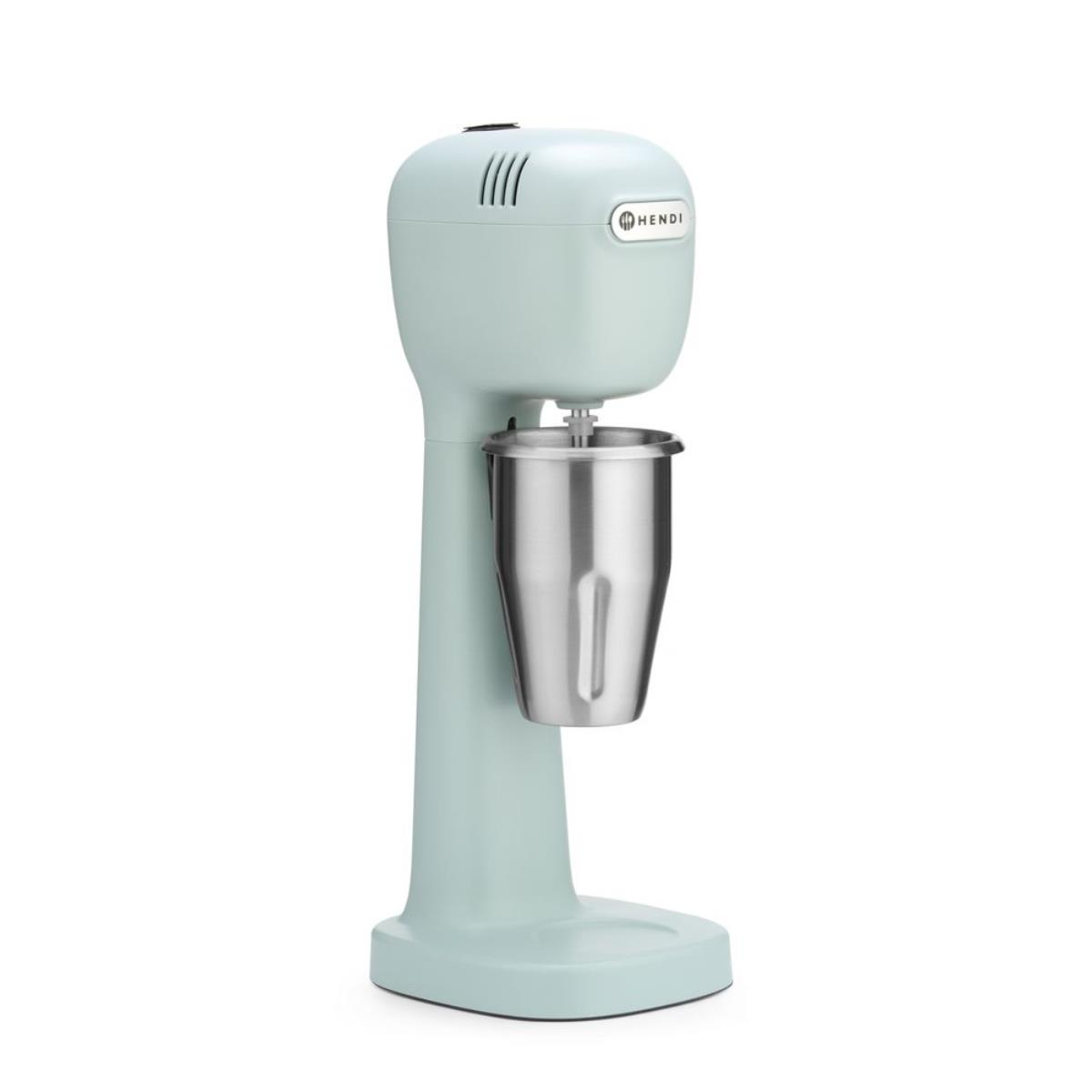Ein minzgrüner Milchshake-Maker. Er hat einen Metallbecher zum Mischen und ein Hendi-Logo oben.
