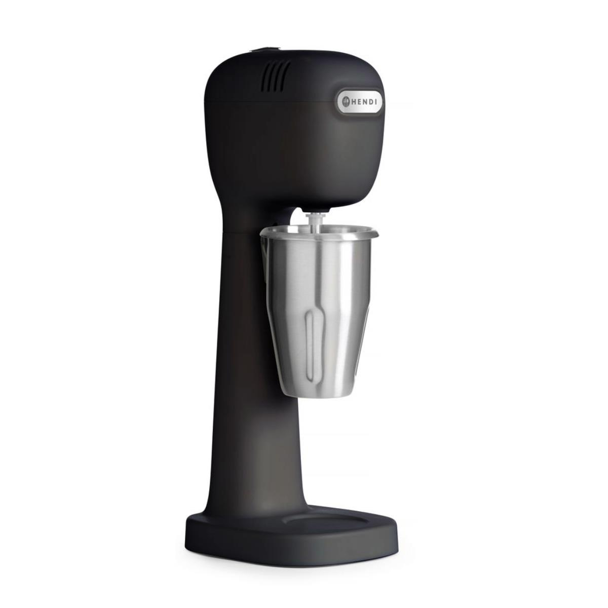 Schwarze Milchshake-Maschine mit einem Metallbecher. Es ist ein Produkt der Marke HENDI.