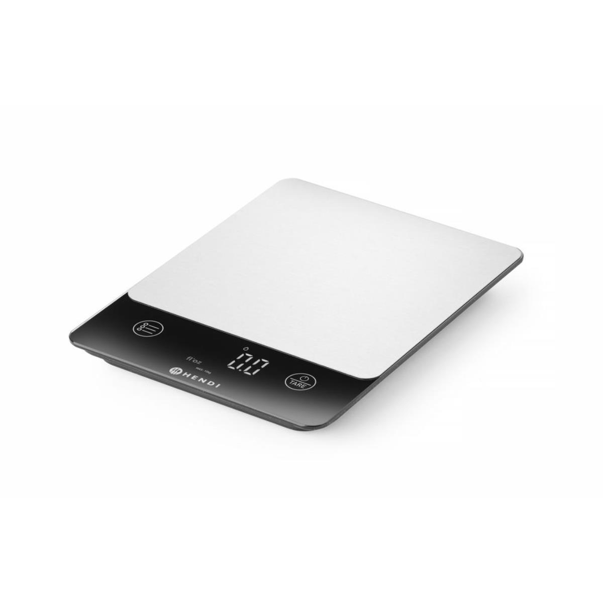 Digitale Küchenwaage, weiß und schwarz, mit Display, das '0.0' anzeigt und Knöpfen.