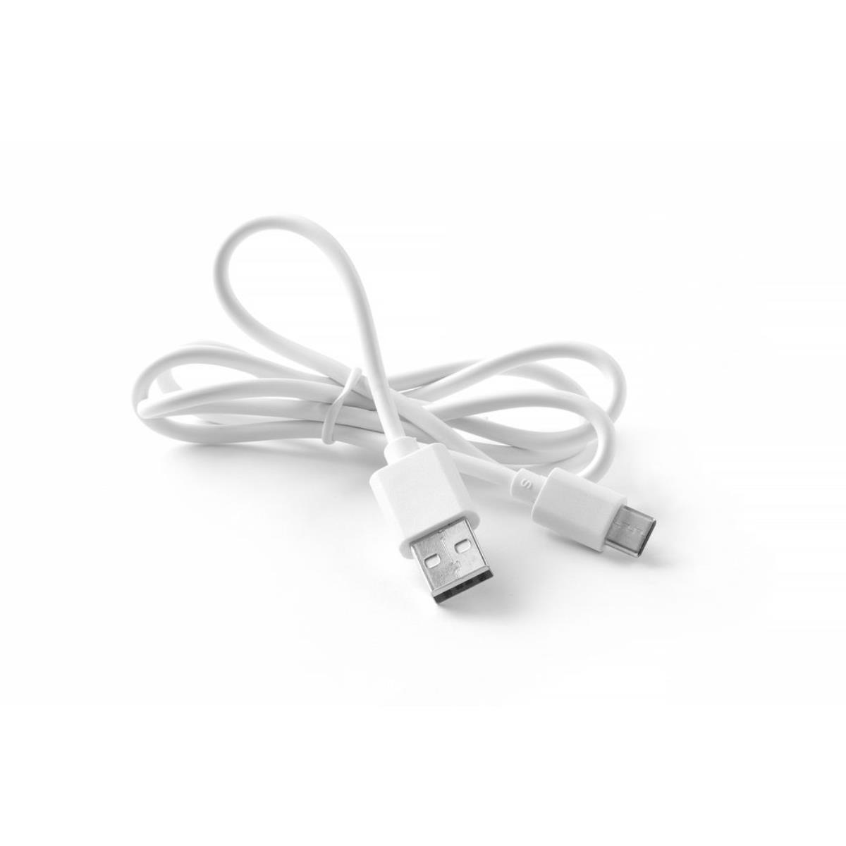 Weißes USB-Kabel mit USB-A- und USB-C-Anschlüssen auf weißem Hintergrund.