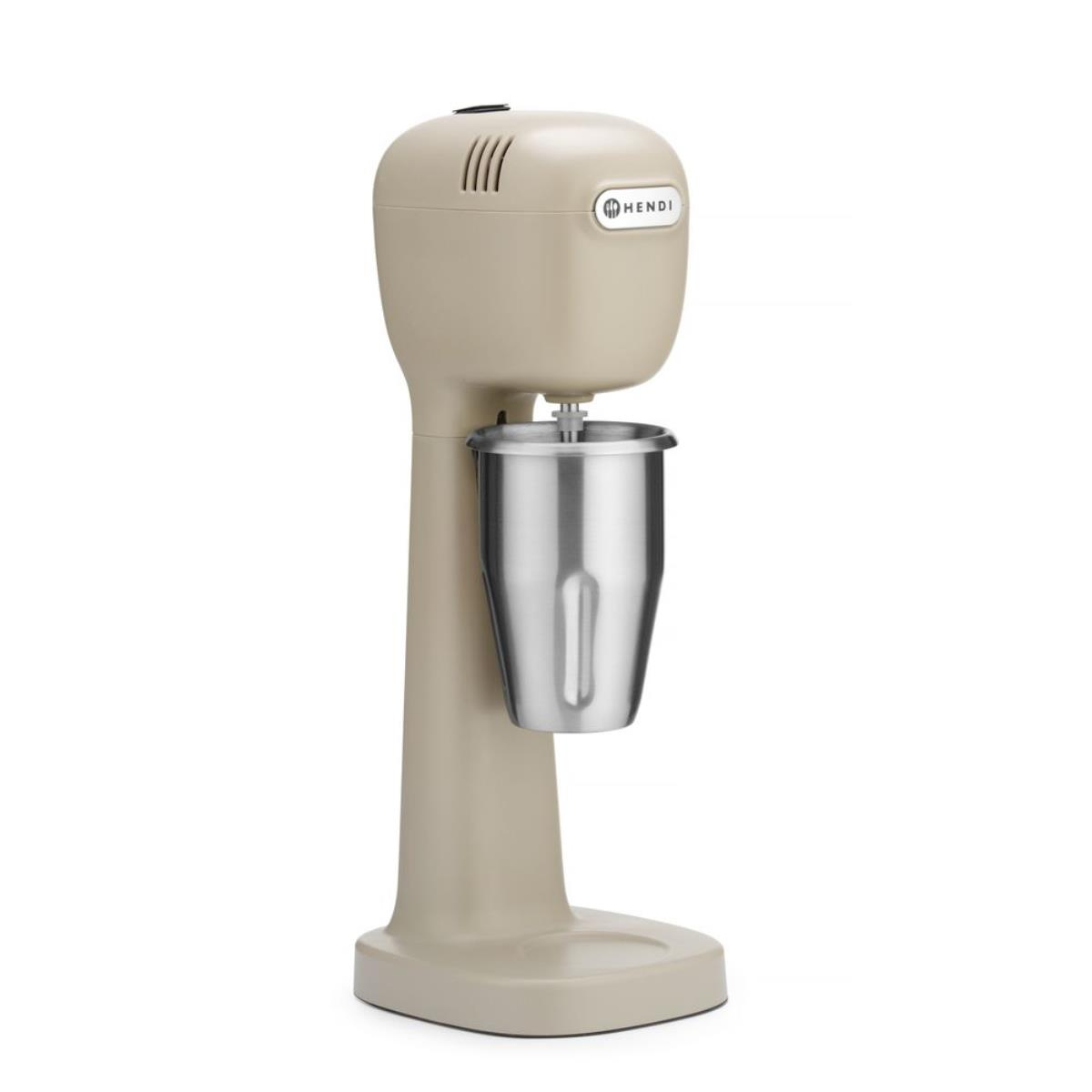 Un frullatore per milkshake Hendi beige con una tazza e una base in metallo su sfondo bianco.