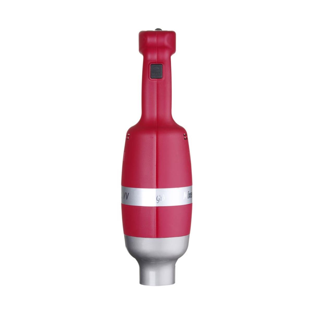 Roter Stabmixer mit silberfarbenem Sockel und schwarzem Einschaltknopf.