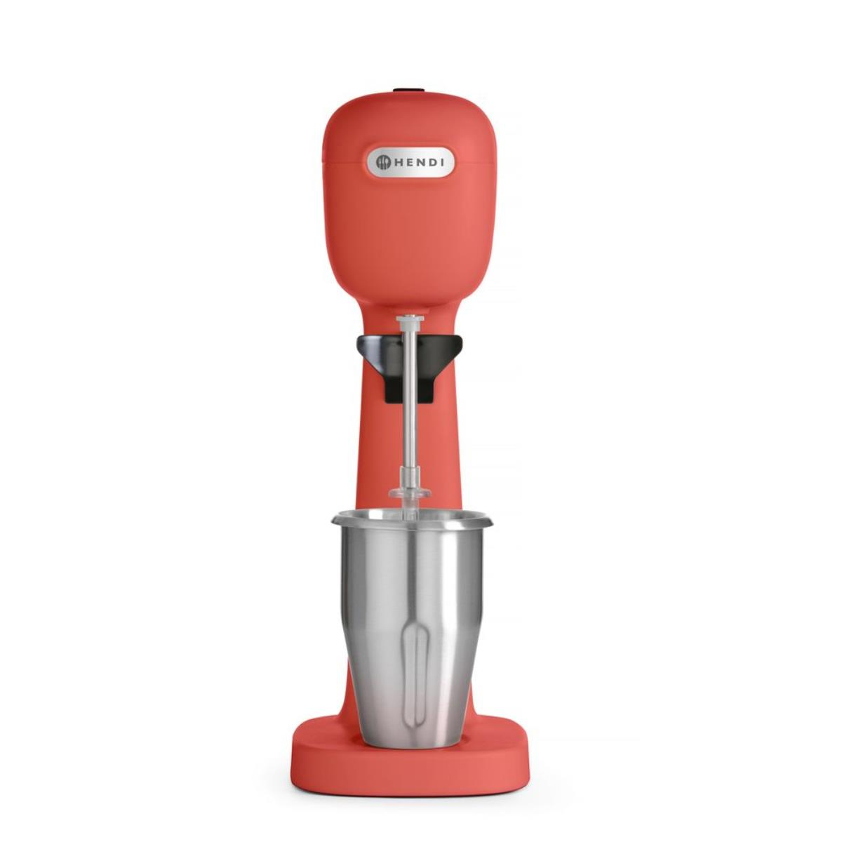 Frullatore per milkshake Hendi rosso con bicchiere in acciaio inox. Sfondo bianco.