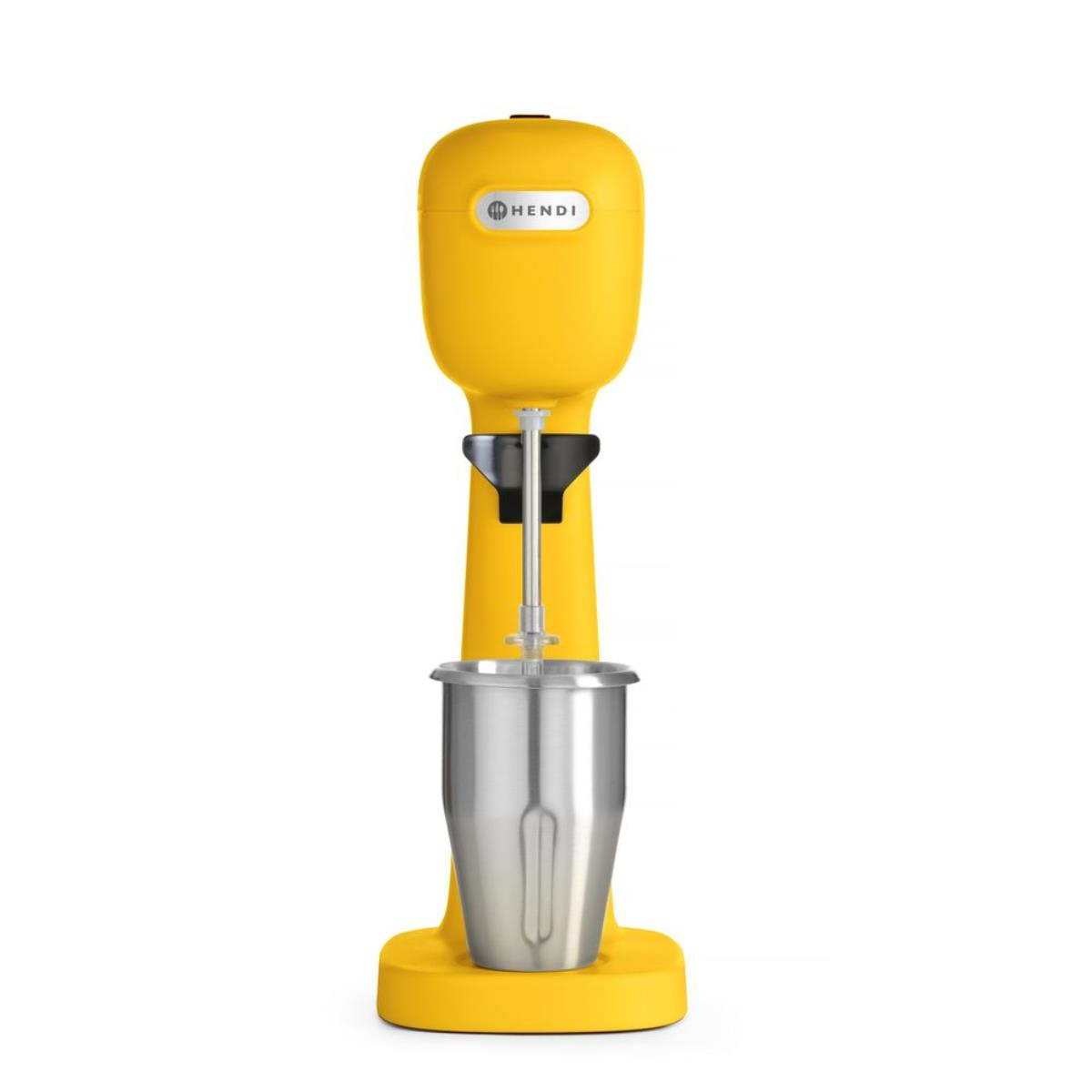 Un frullatore giallo con una tazza in acciaio inox, su sfondo bianco.
