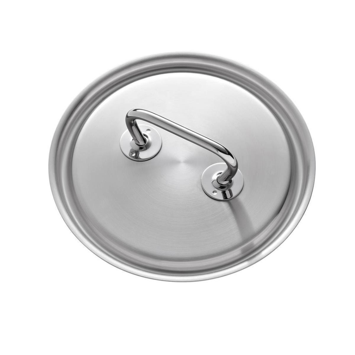 Edelstahl-Topfdeckel mit gebogenem Griff, Draufsicht. Weißer Hintergrund.