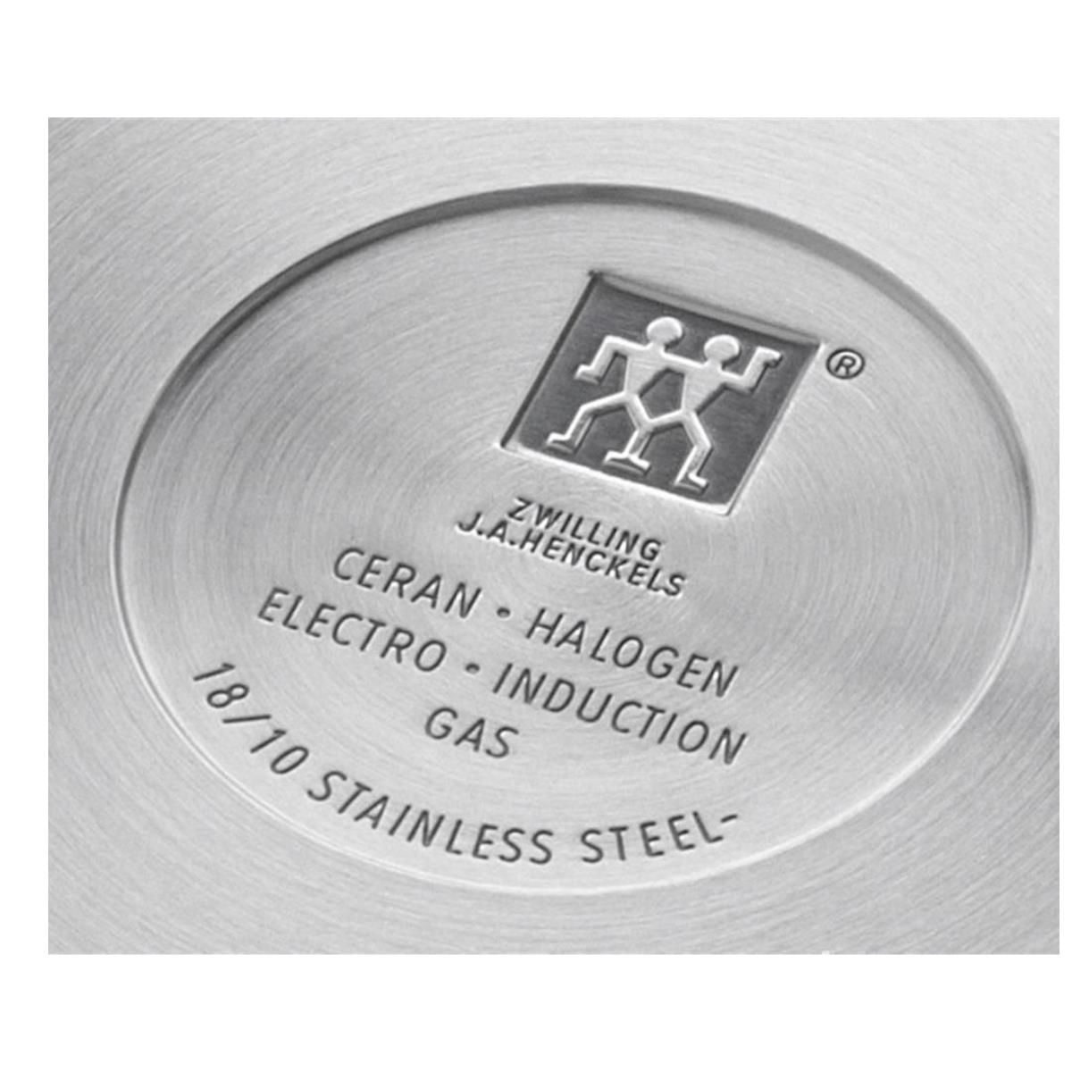 Spód garnka ze stali nierdzewnej z logo i szczegółami tekstowymi dotyczącymi jego użytkowania.