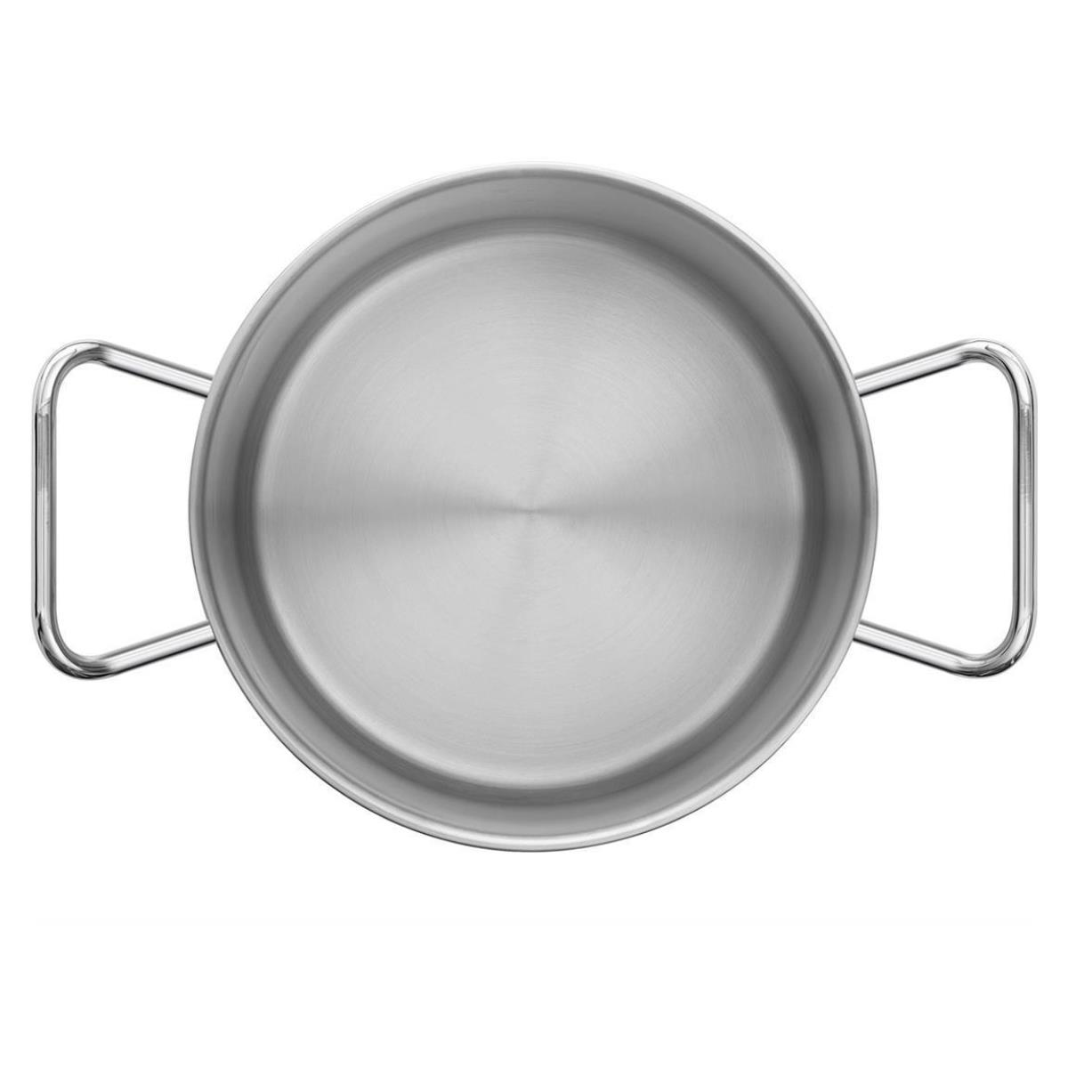 Garnek ze stali nierdzewnej z dwoma uchwytami, widok z góry.