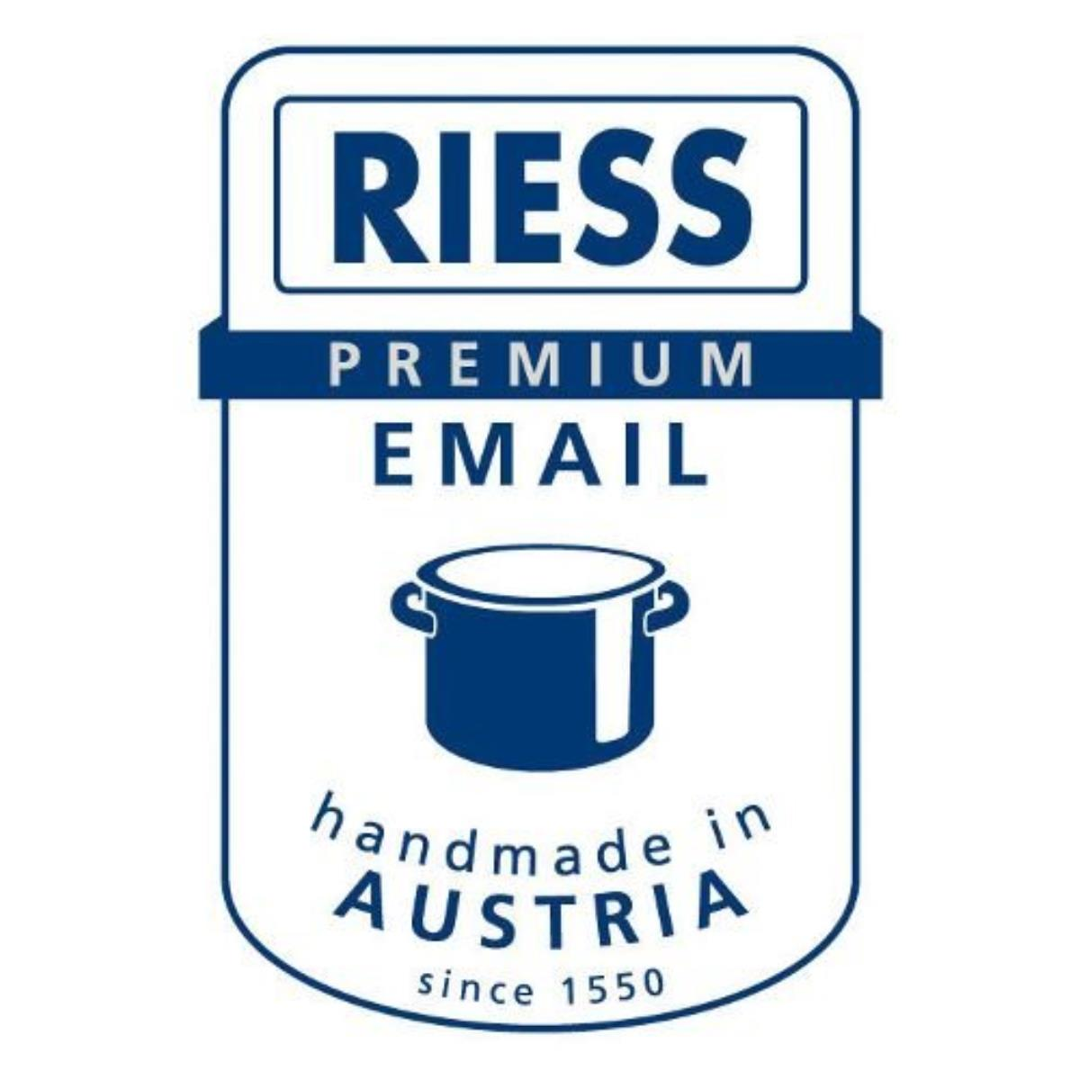 RIESS-Logo. Blaues Quadrat mit Topf in der Mitte und Text. Weißer Hintergrund.