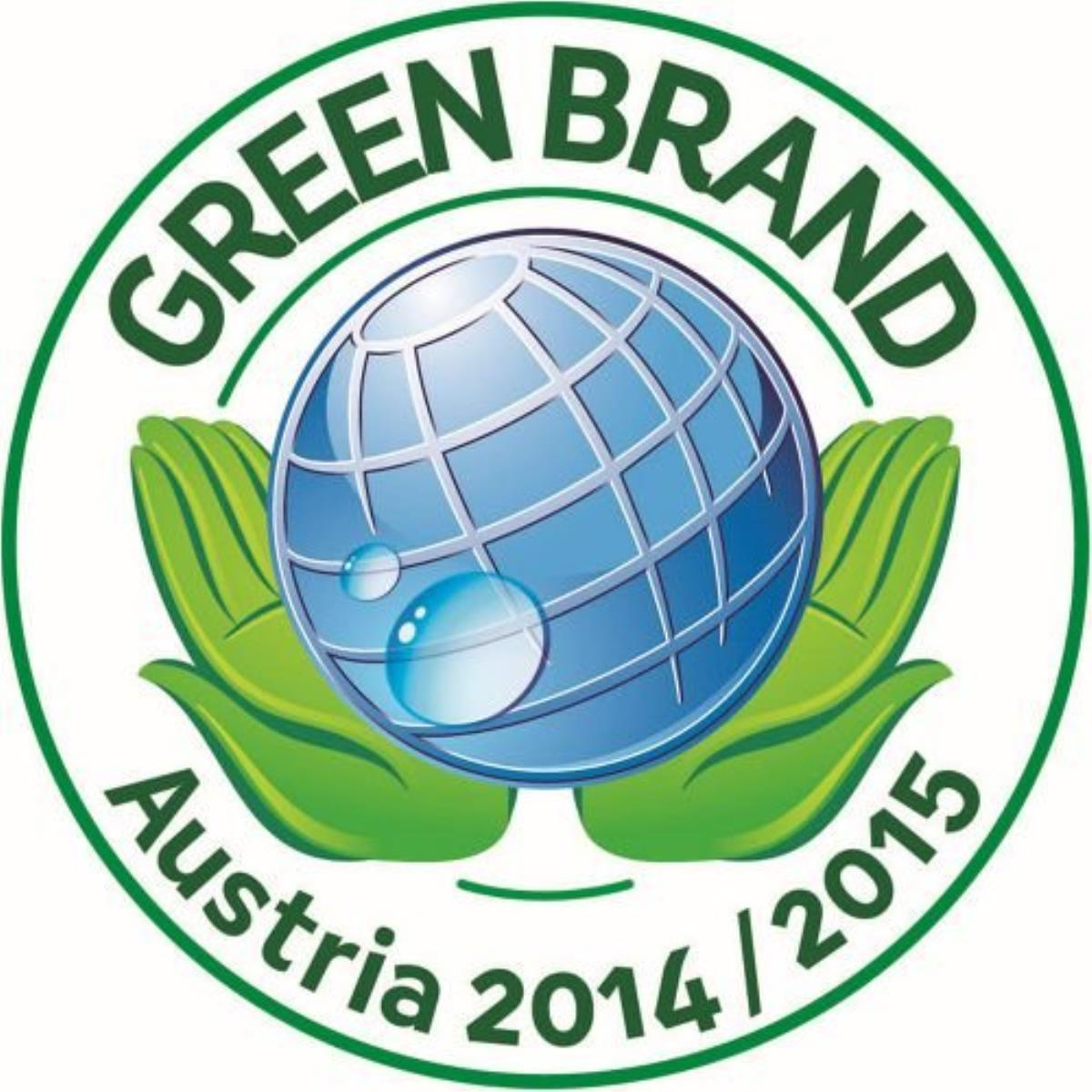 Ein grünes und weißes Green Brand Austria Logo mit einem Globus.