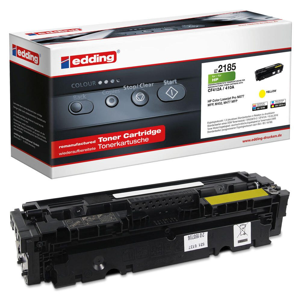 Pudełko i wkład do drukarki HP. Czarny wkład z żółtym tonerem. Pudełko z napisem 'edding' i 'Toner Cartridge'.