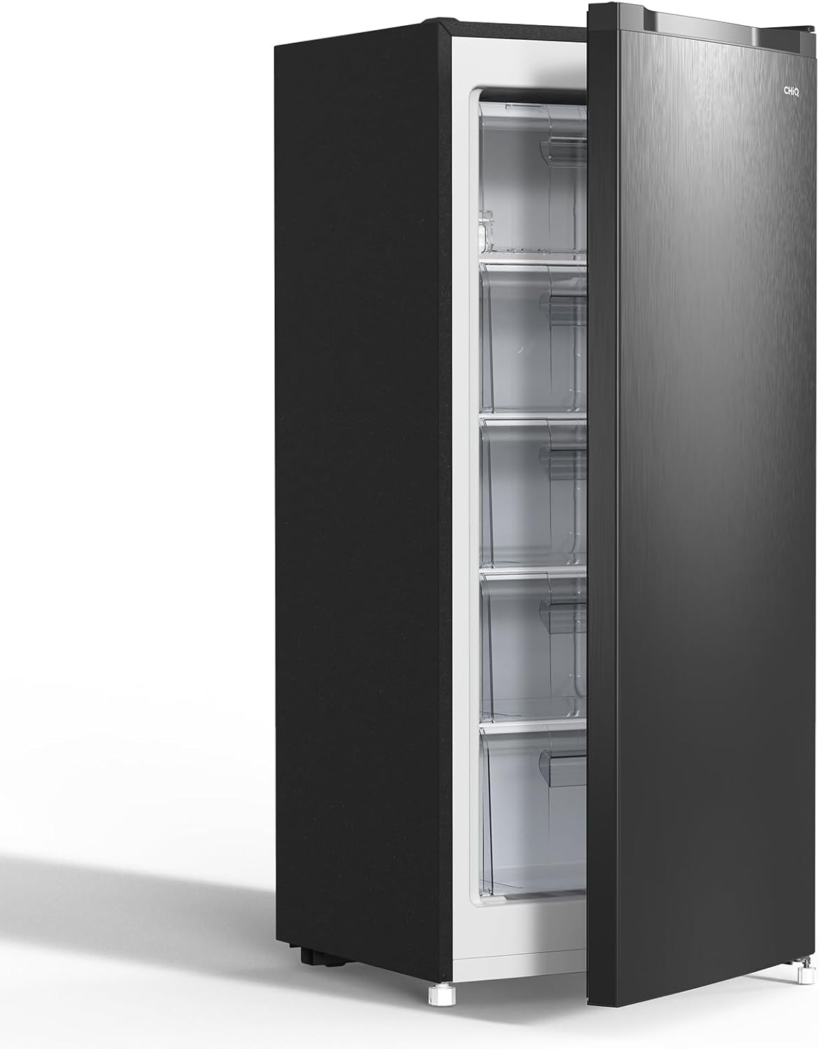 A black refrigerator with the door open, showing shelves with transparent drawers.