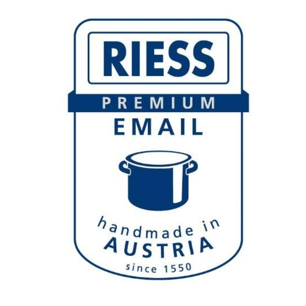 Riess Premium E-Mail-Logo. Weißer Hintergrund mit einer blauen Topfillustration und den Worten 'handmade in Austria'.
