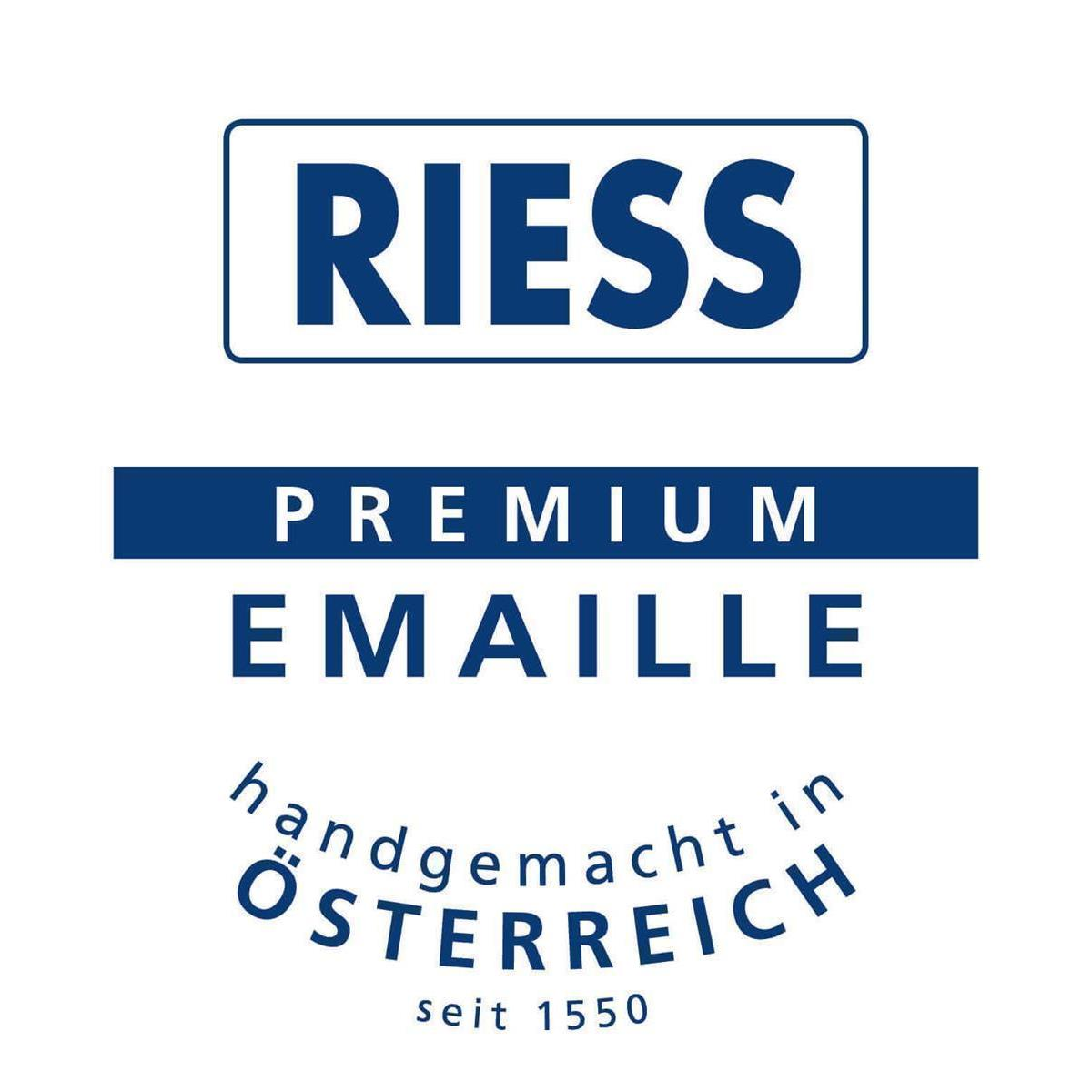 Weißes Logo mit Text 'RIESS PREMIUM EMAILLE handgemacht in Österreich seit 1550'.