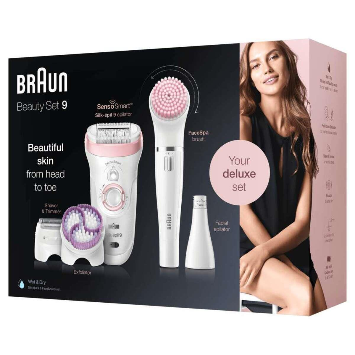 Bir Braun Beauty Set 9, kutuda bir kadın ve ürünle. Set, çeşitli bakım araçları içerir.