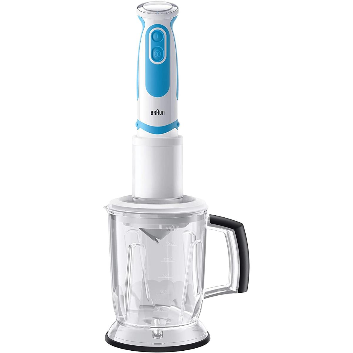 Batidora de mano Braun en un recipiente transparente con asa azul y blanca.