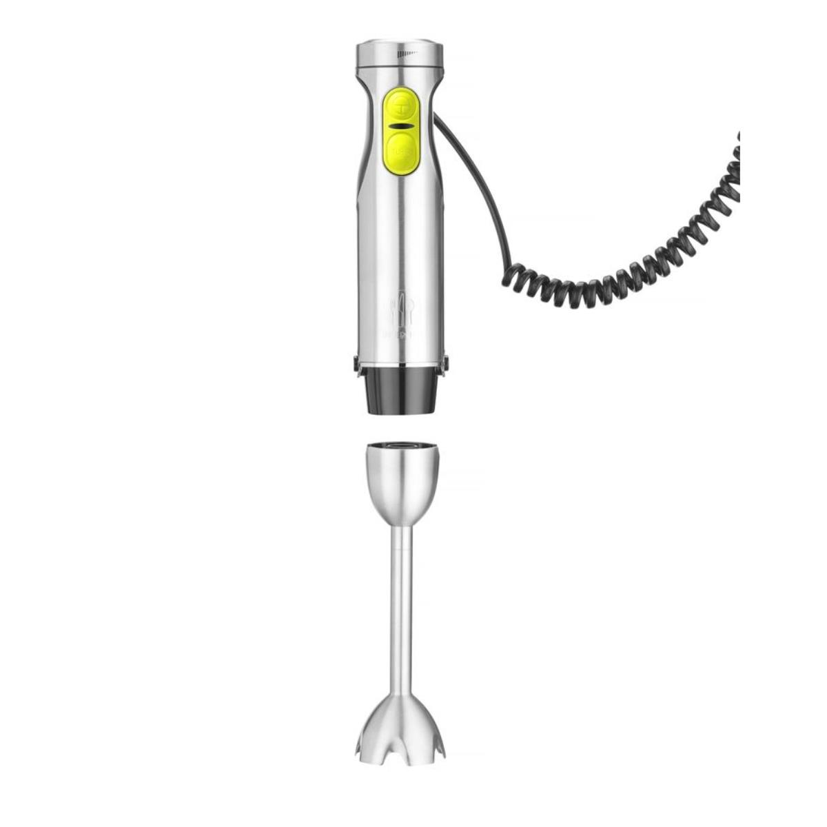 Handmixer mit abgenommenem Aufsatz. Edelstahl-Mixkopf, gelbe Taste am Griff.