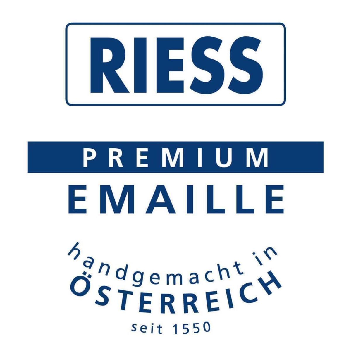 RIESS PREMIUM EMAILLE Logo in Blau und Weiß, mit Text 'handgemacht in Österreich'.