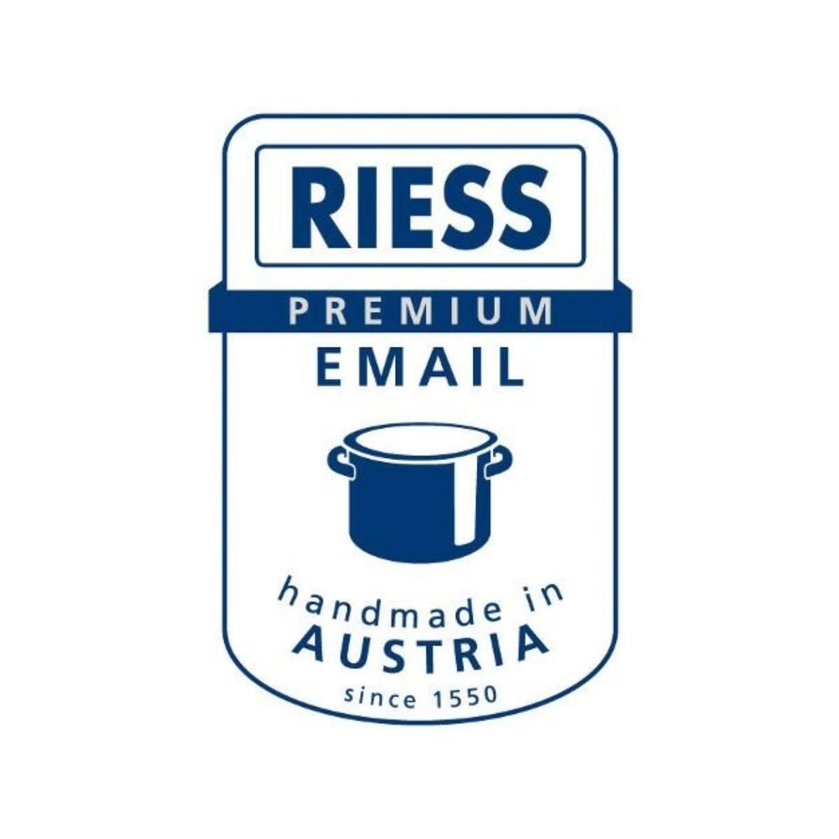 Étiquette blanche avec bordure bleue, avec le logo RIESS PREMIUM EMAIL et un graphique de pot.