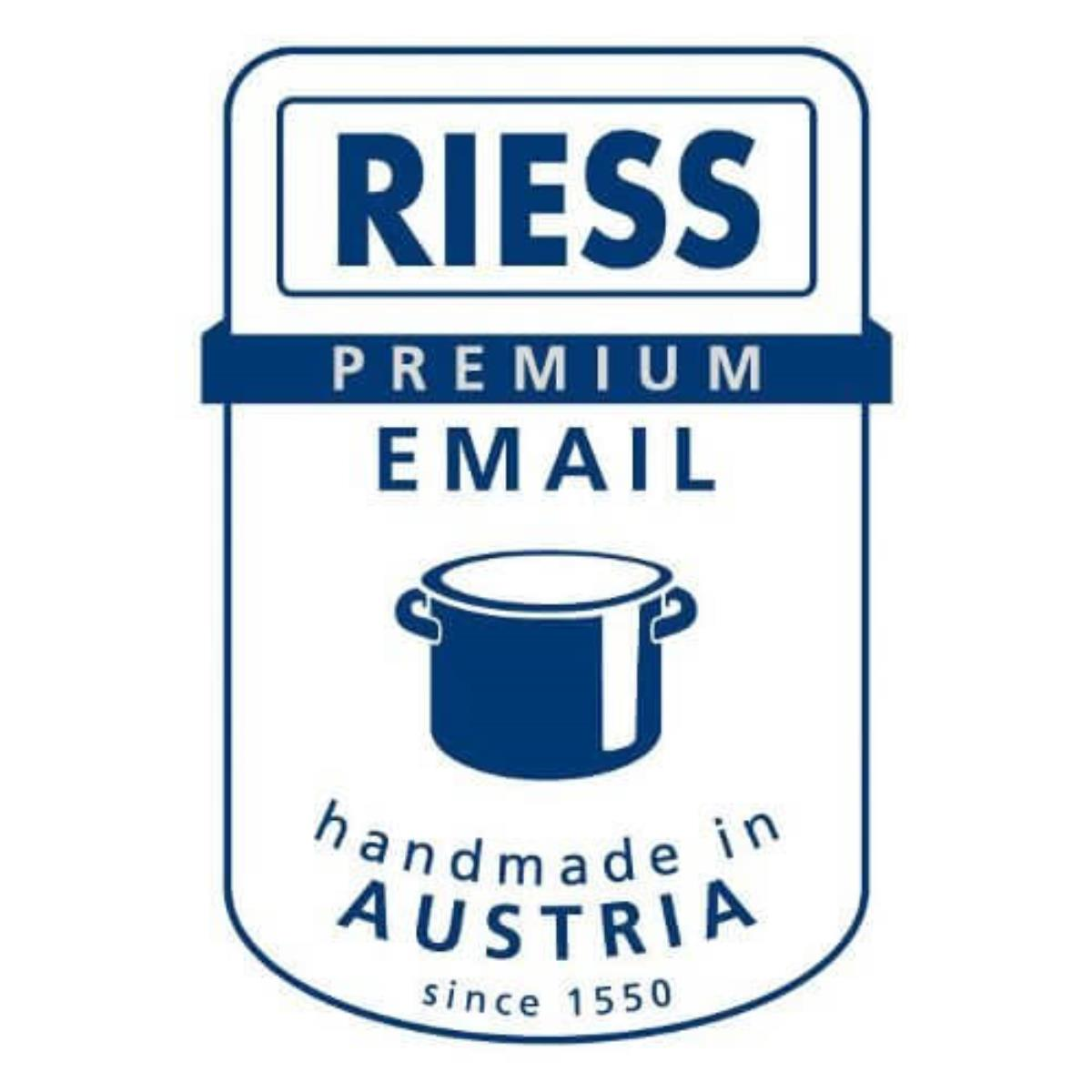 Ein weißes Etikett mit einer blauen Topf-Illustration und den Texten 'RIESS' und 'PREMIUM EMAIL'.