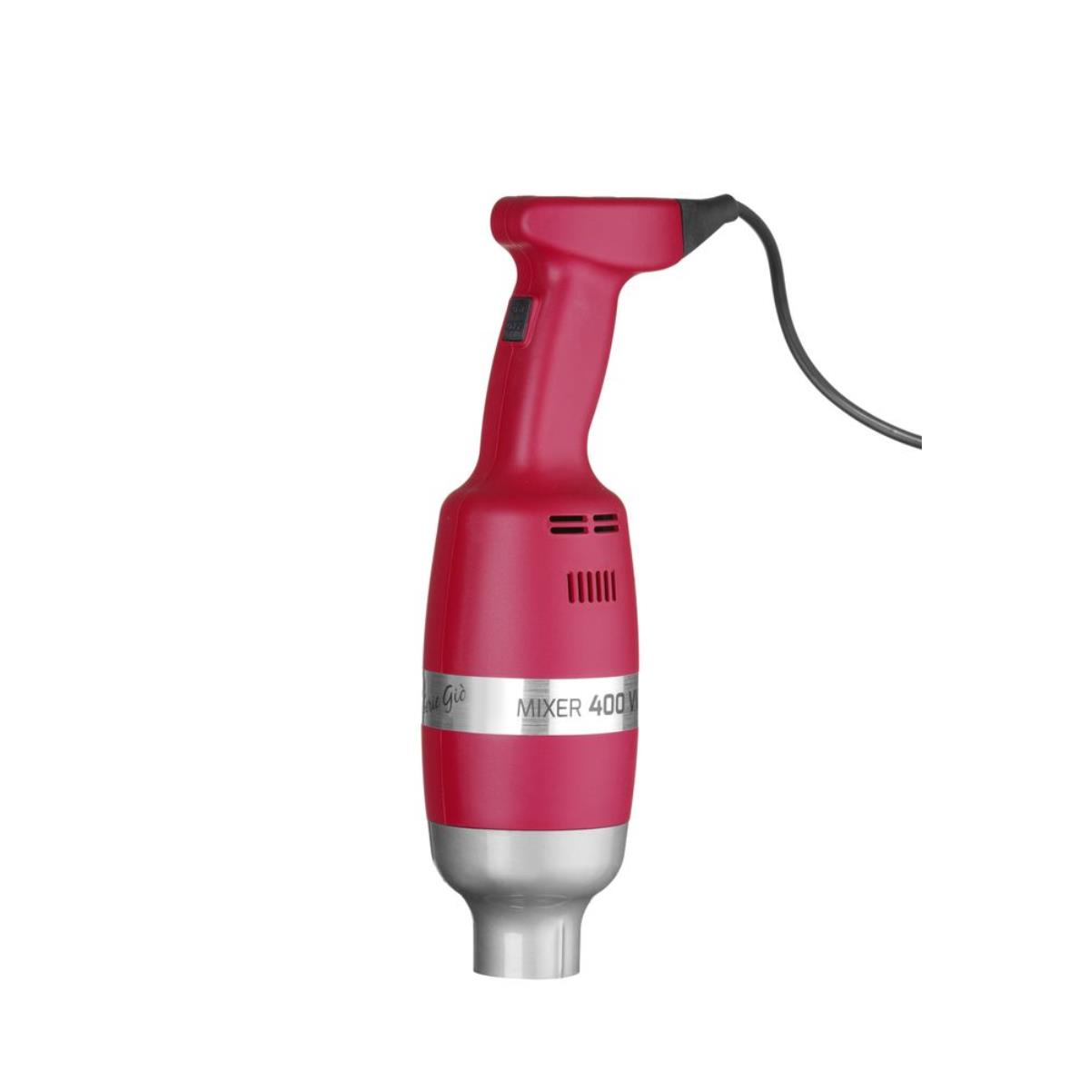 Un frullatore a immersione rosso con base argentata, con la scritta 'MIXER 400W'.