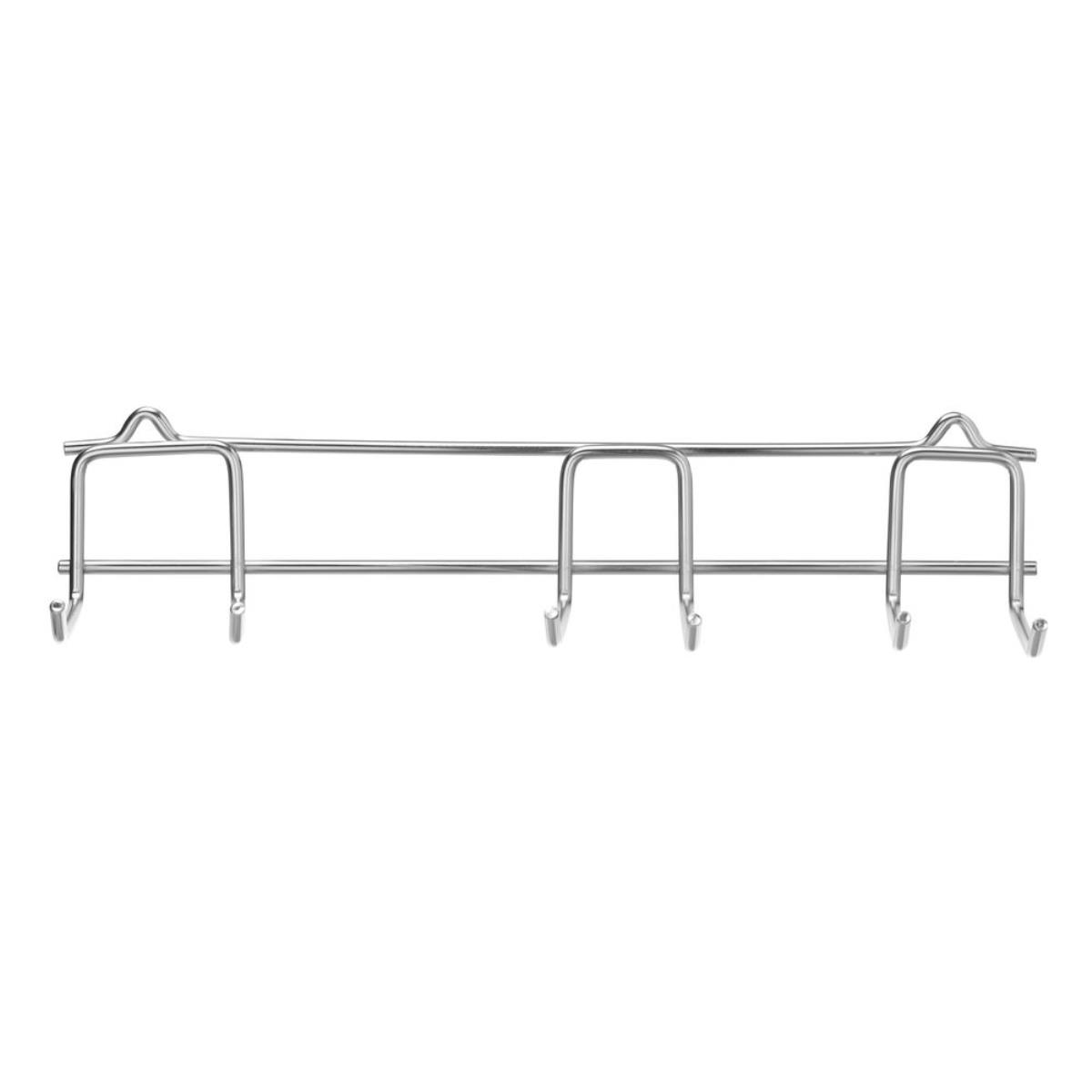 Silberfarbener, an der Wand montierter Kleiderhaken aus Metall mit fünf Haken. Sauberes Design.