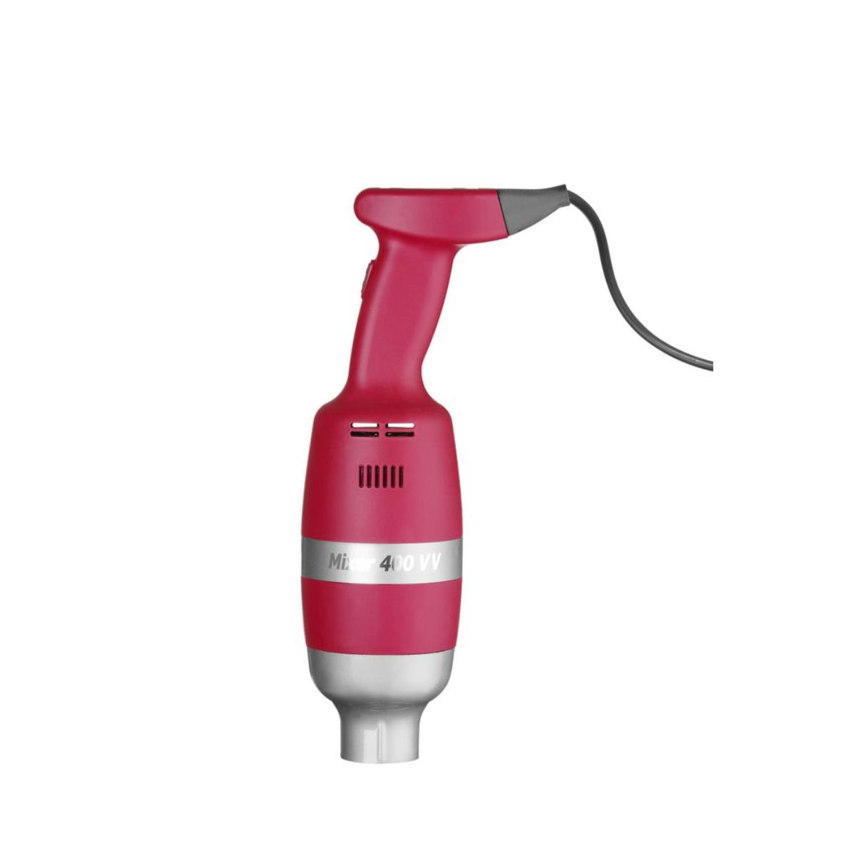 Roter Stabmixer mit schwarzem Kabel, weißer Hintergrund.